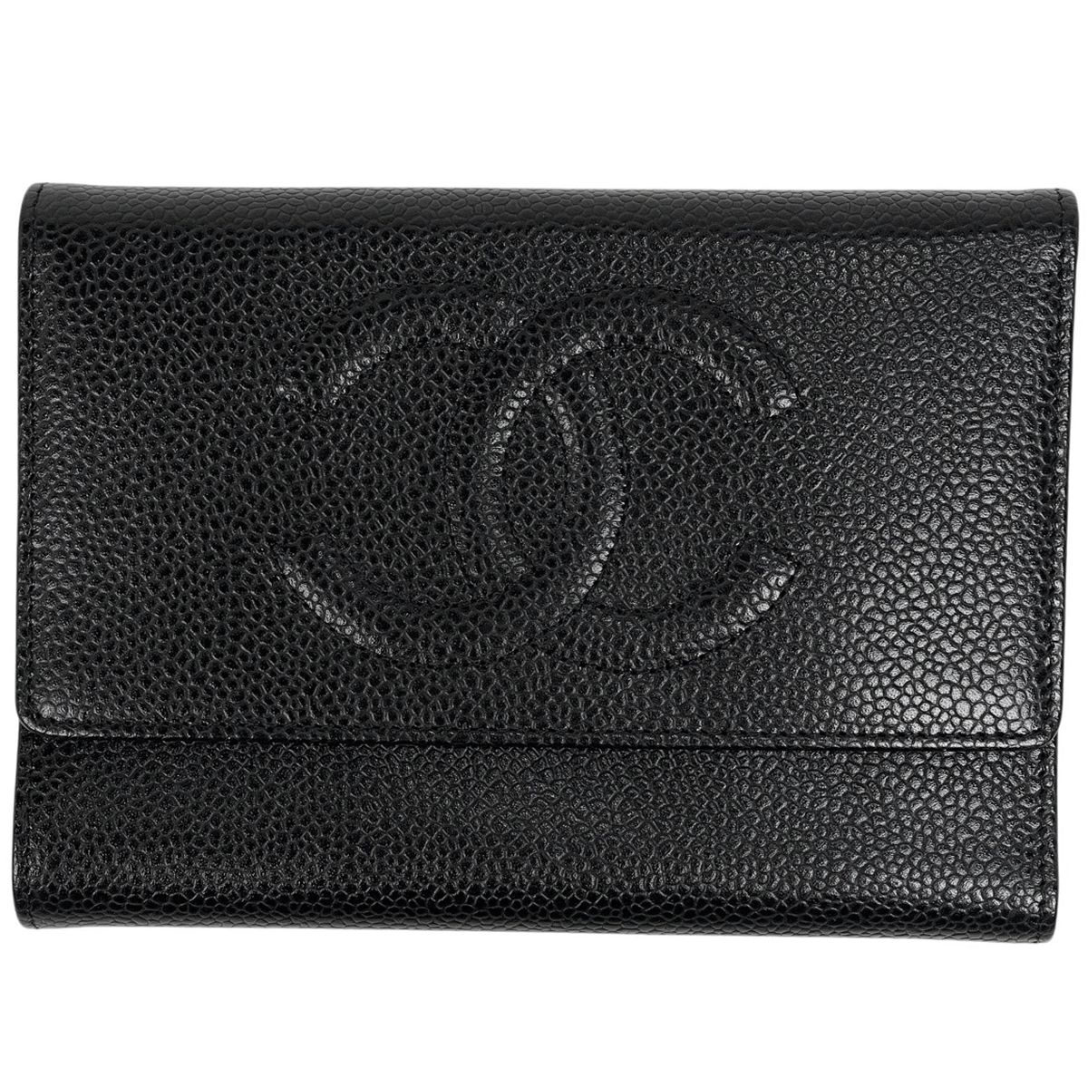 シャネル CHANEL ココマーク 三つ折り財布 キャビアスキン ブラック レディース 【中古】