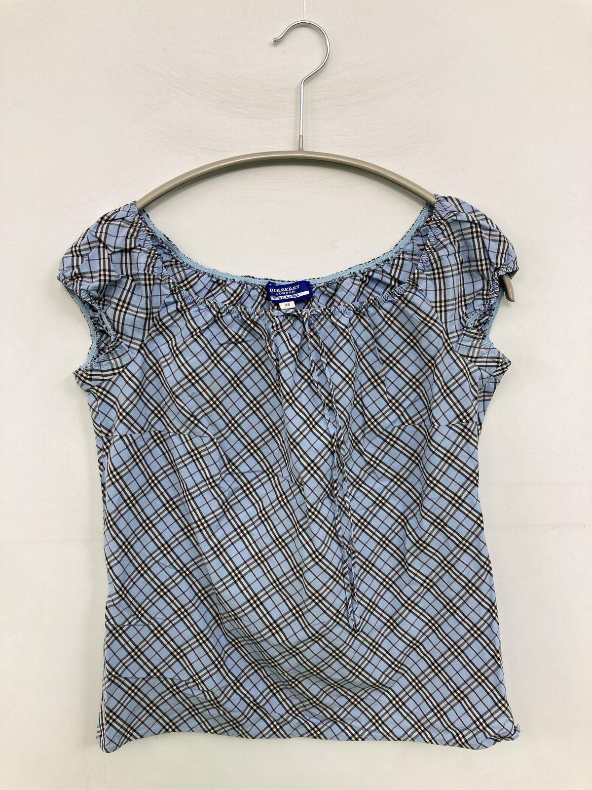BURBERRY BLUE LABEL バーバリーブルーレーベル Tシャツ/カットソー 38 スカイブルー クルーネック(丸首) 半袖 チェック柄 リボン ショート丈 レディース