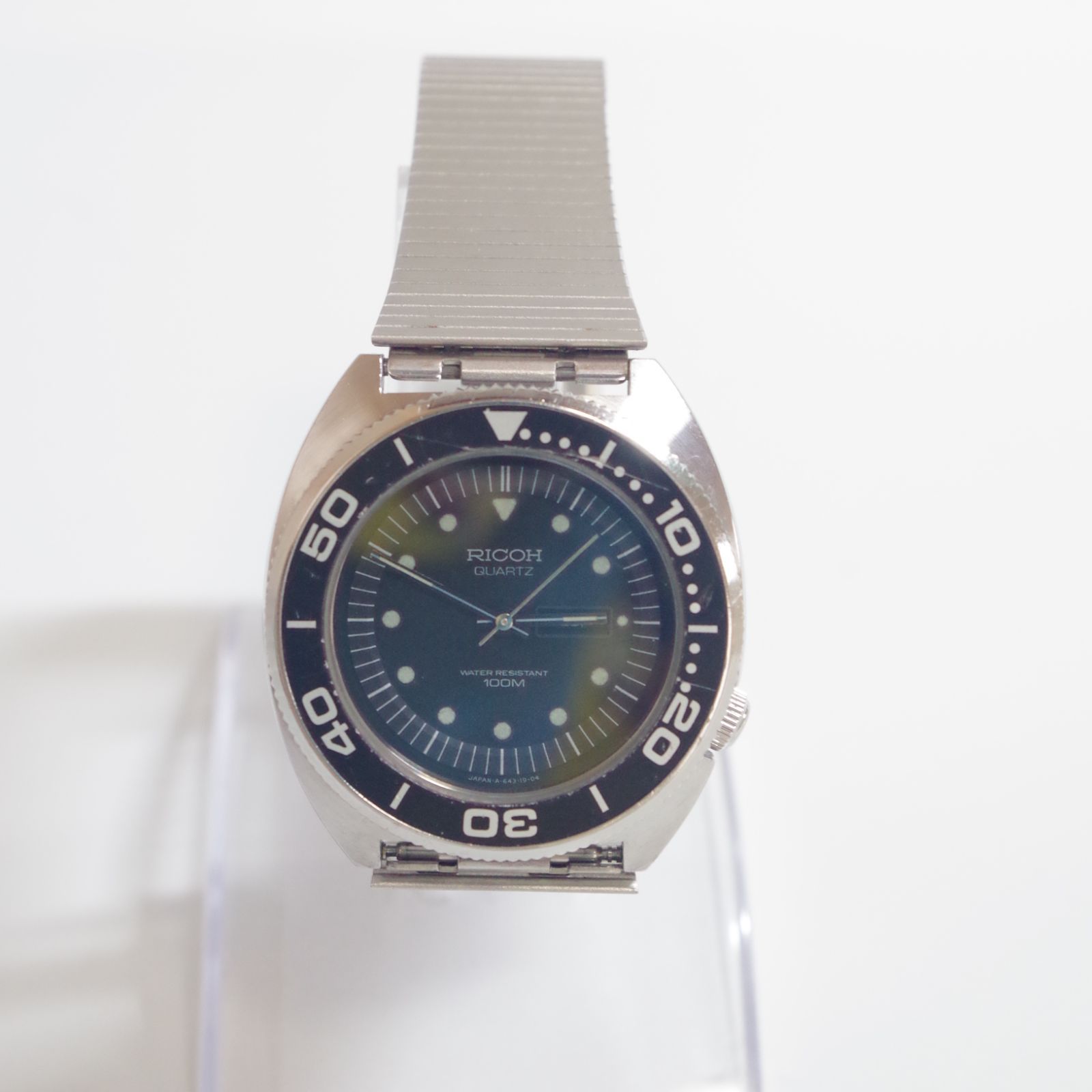 A7100 RICOH 643018 Diver 100M ブラック文字盤 電池交換済み 新品ヴィンテージ風ベルト 動作良好