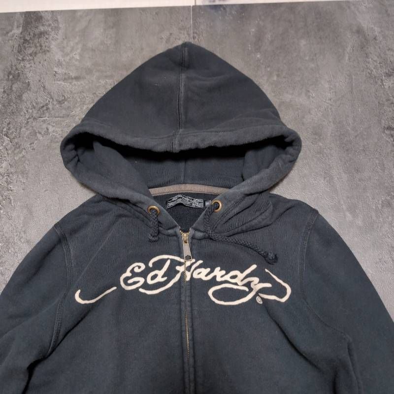 Ed Hardy Double Zip Hoodie Women's M Black Skull Rhinestone エド
