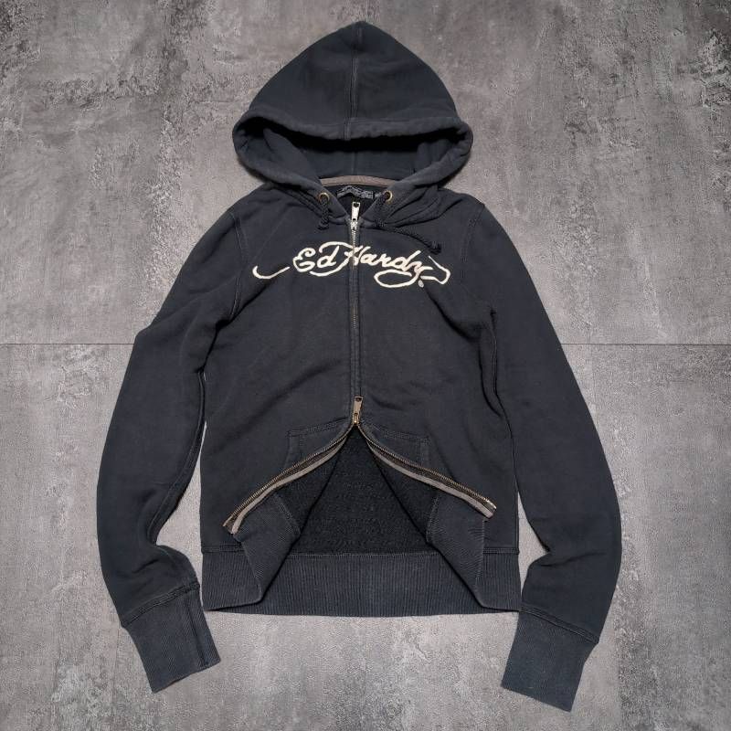 Ed Hardy Double Zip Hoodie Women's M Black Skull Rhinestone エド
