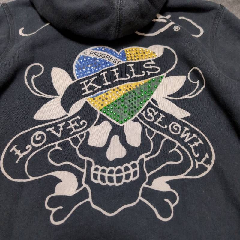 Ed Hardy Double Zip Hoodie Women's M Black Skull Rhinestone エド