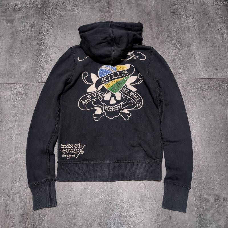 Ed Hardy Double Zip Hoodie Women's M Black Skull Rhinestone エド