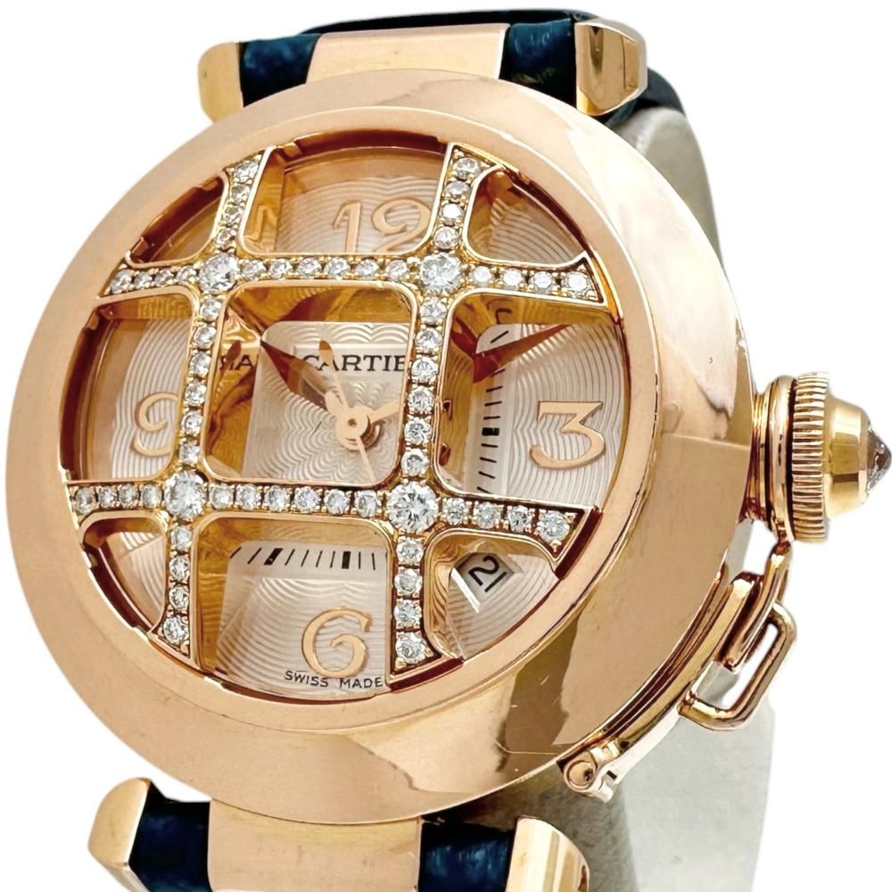 【CARTIER/カルティエ】WJ116836 裏スケルトン 腕時計 K18PGピンクゴールド 18金 /レザー 自動巻き/オートマ シルバー文字盤/ブルーグリーンレザーベルト レディース 【中古】【真子質店】【BL】