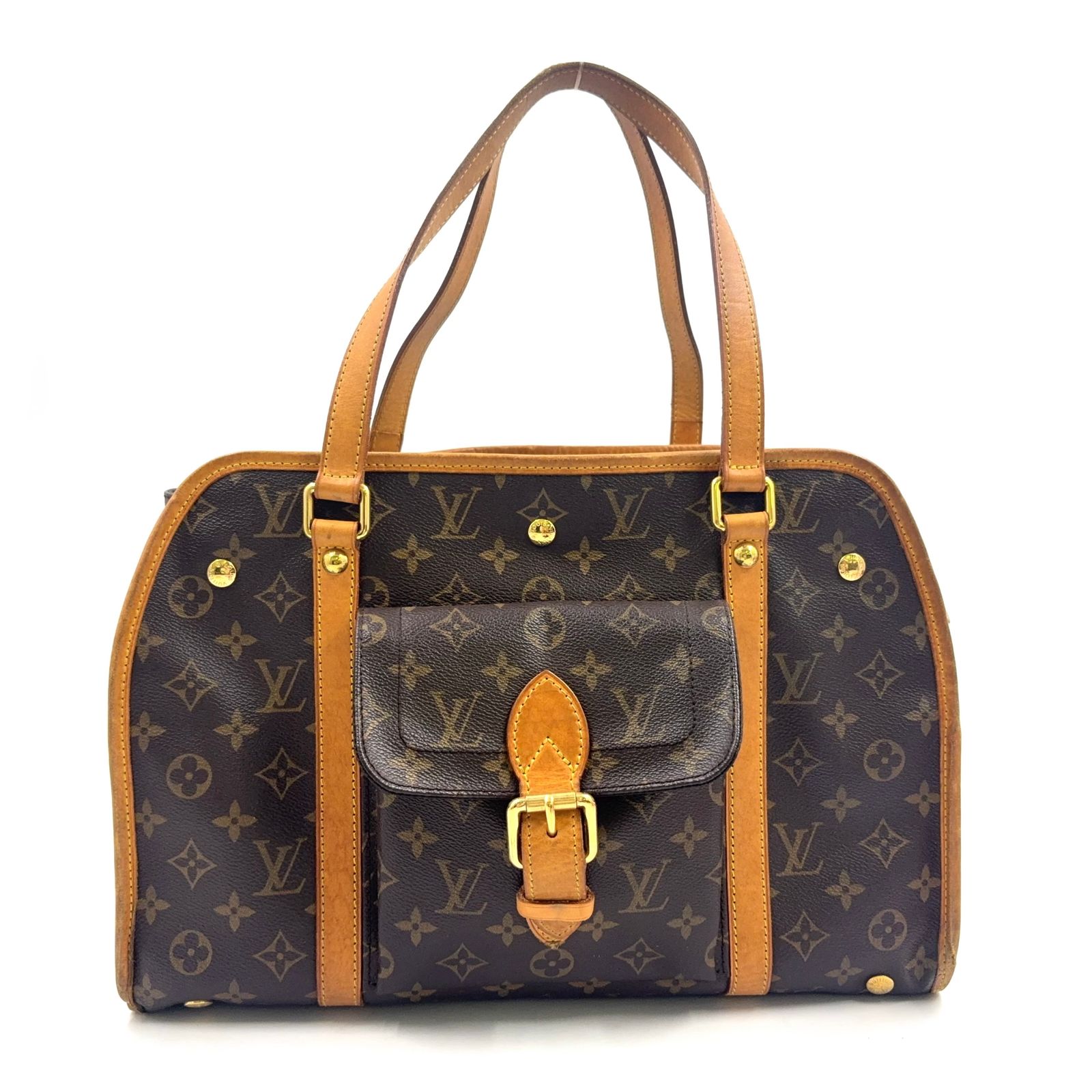 【新着】LOUIS VUITTON サックバクスター GM ペットキャリー レザー、PVC ブラウン、ライトブラウン トートバッグ ゴールド M42028