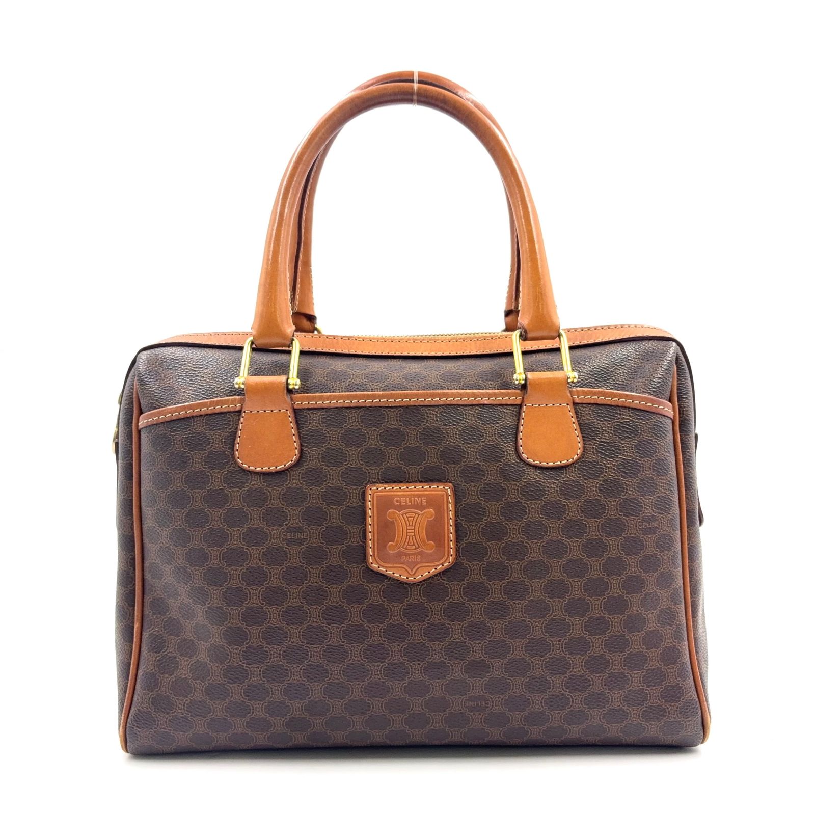 【新着】CELINE マカダム柄 レザー、PVC ブラウン、ライトブラウン ミニボストンバッグ ゴールド 25,406円
