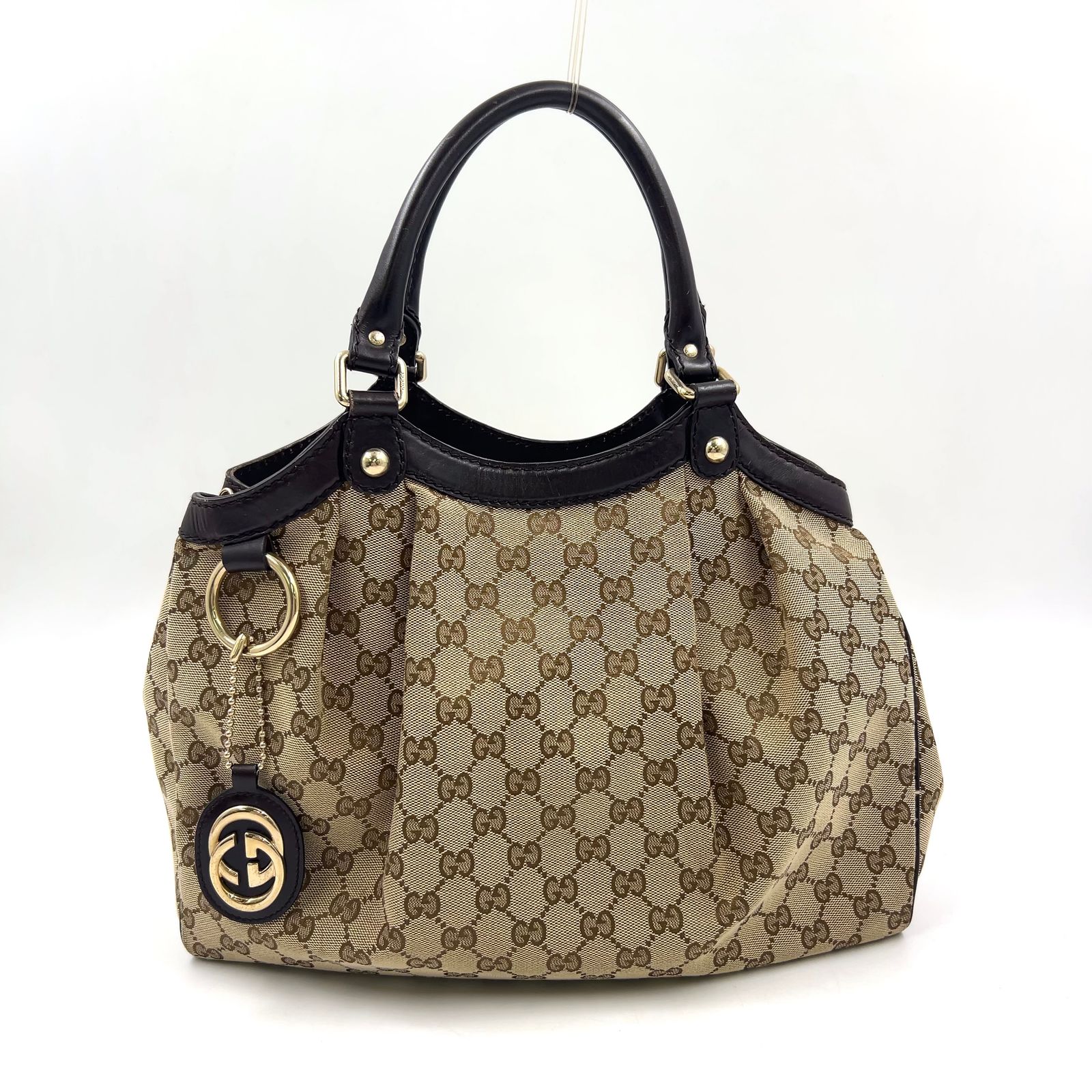 【新着】GUCCI スーキー ディアマンテ レザー、キャンバス ダークブラウン、ベージュ ハンドバッグ ゴールド 211944