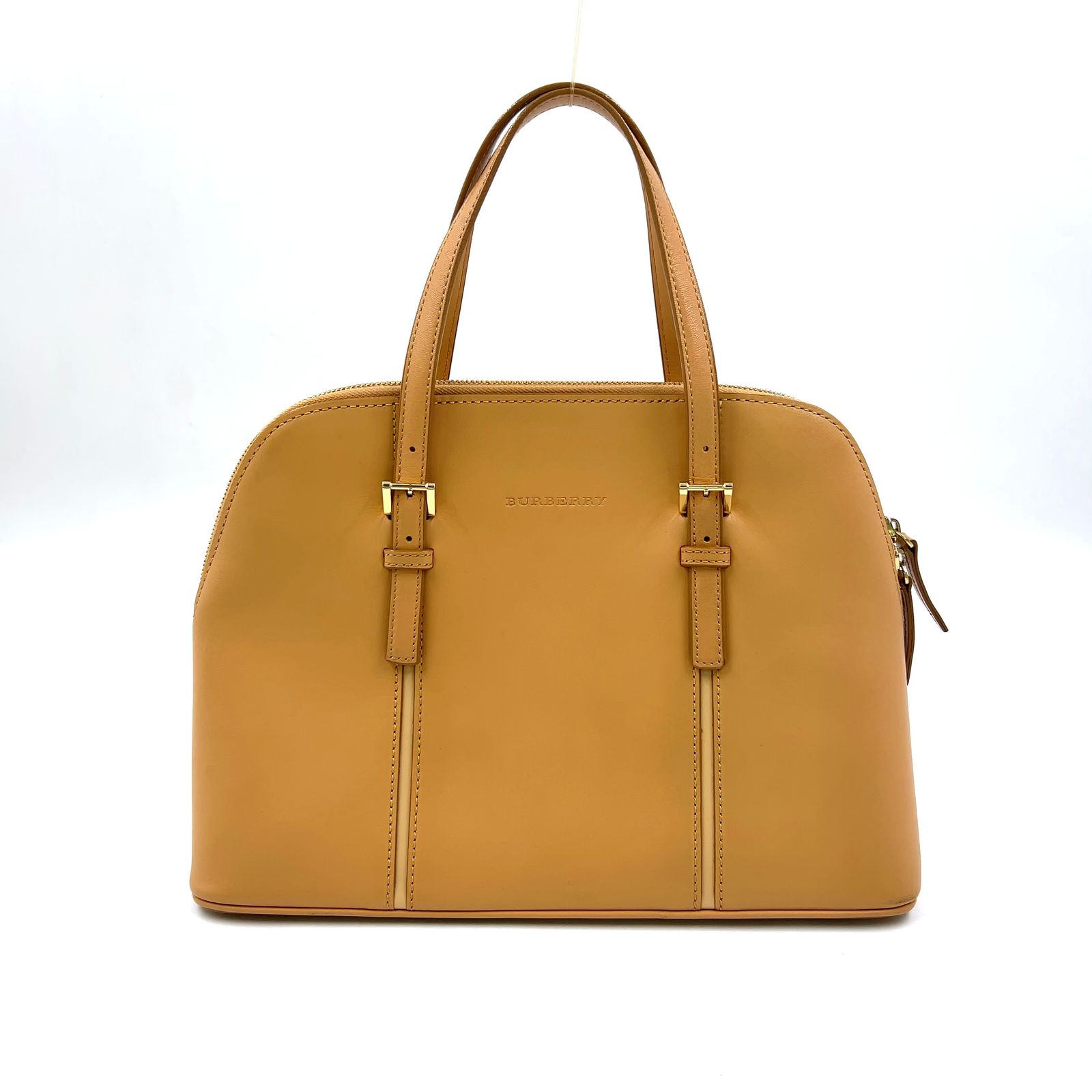 【新着】BURBERRY ロゴ型押し ベルトデザイン レザー ベージュ ハンドバッグ ゴールド