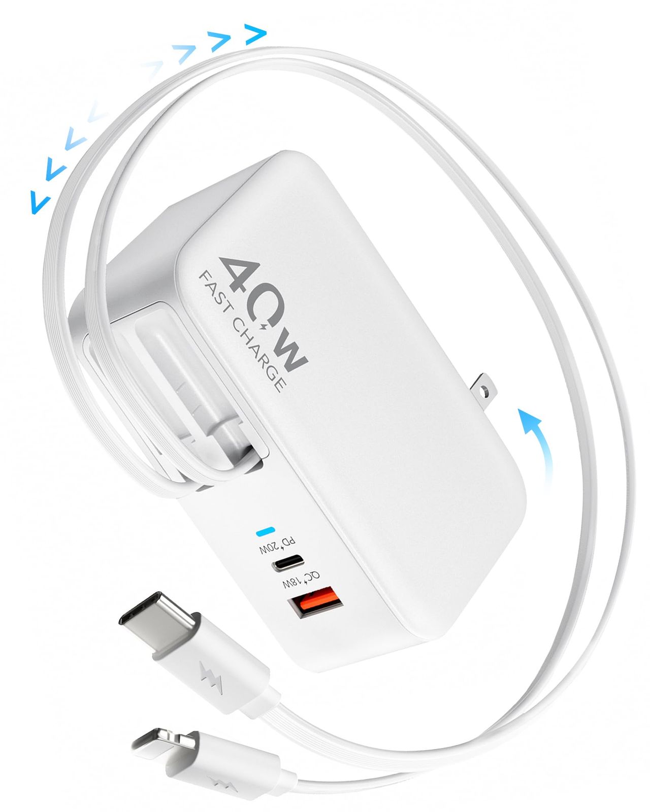COCIVIVRE 4in1 巻き取り式充電器 （デュアルUSBポート+ ライトニング/Type-Cケーブル内蔵）伸縮可能 40W急速充電 折りたたみ式プラグ コンパクト 省スペース 保護機能 Air Pods Pro 3/i-Phone17 9b5b71bf
