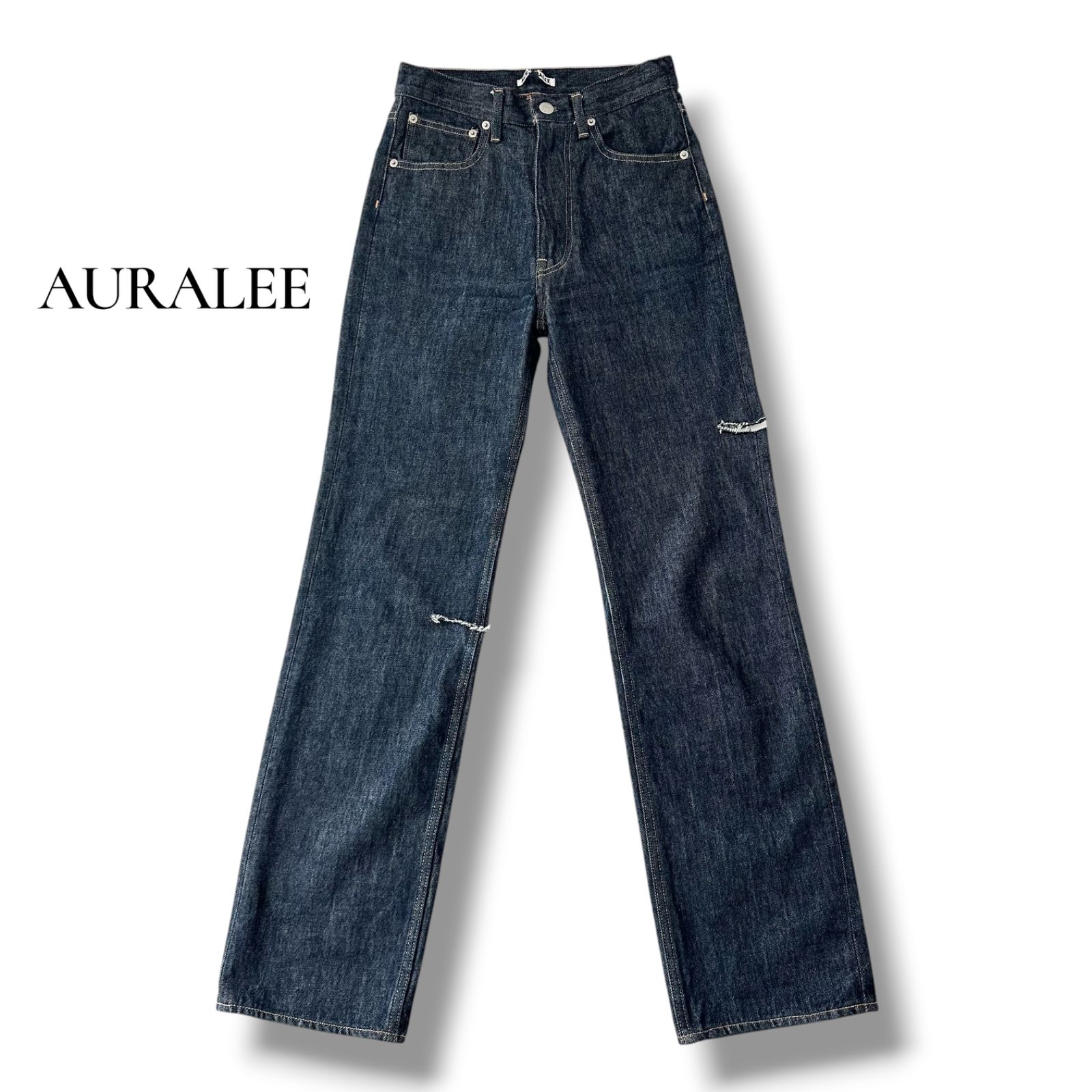 オーラリー AURALEE HARD TWIST DENIM 5P PANTS デニムパンツ インディゴ サイズ24 日本製 A00P02DM カットアウト リメイク 6JU064