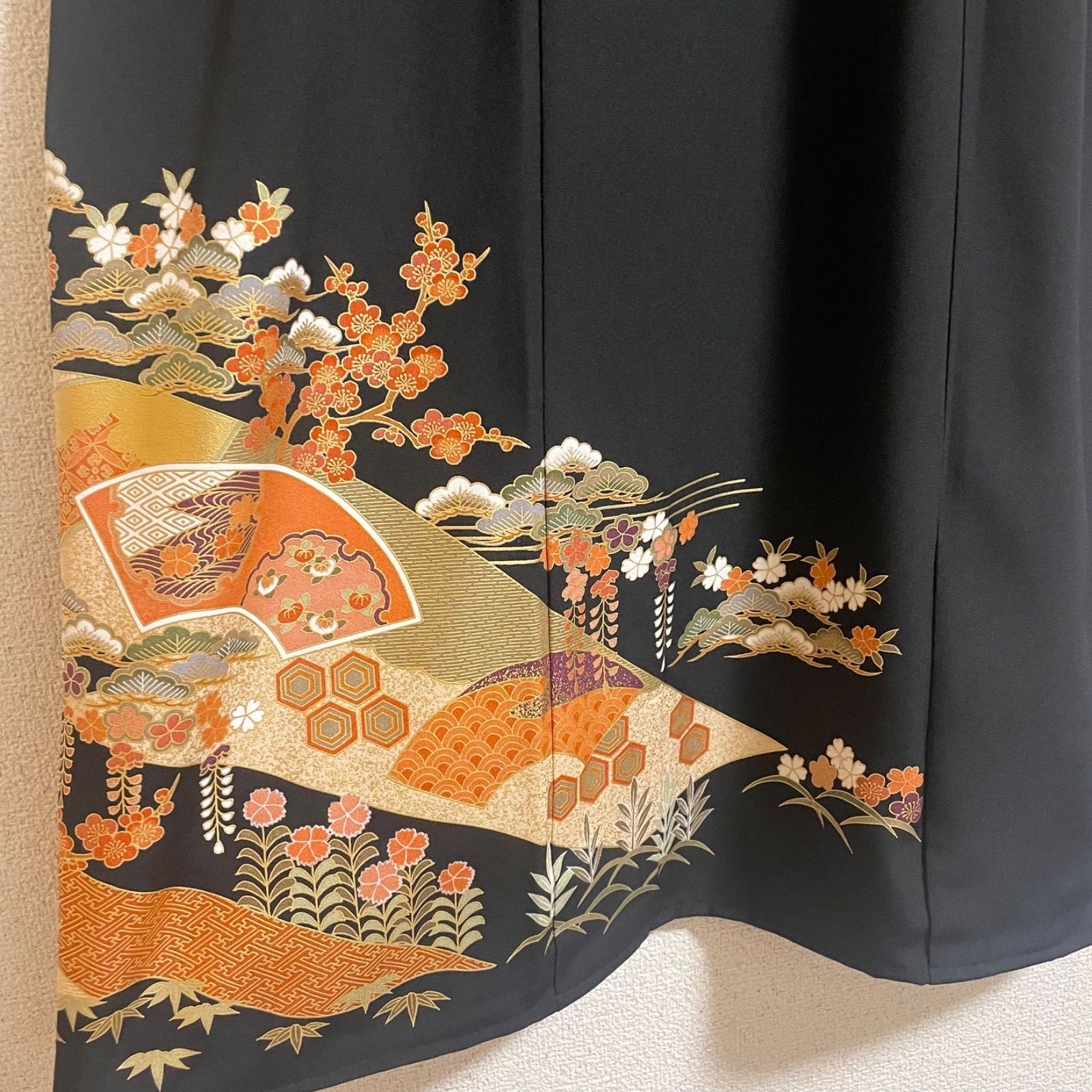 一点物 着物リメイク ロングワンピース ドレス 黒留袖 正絹 花鳥文