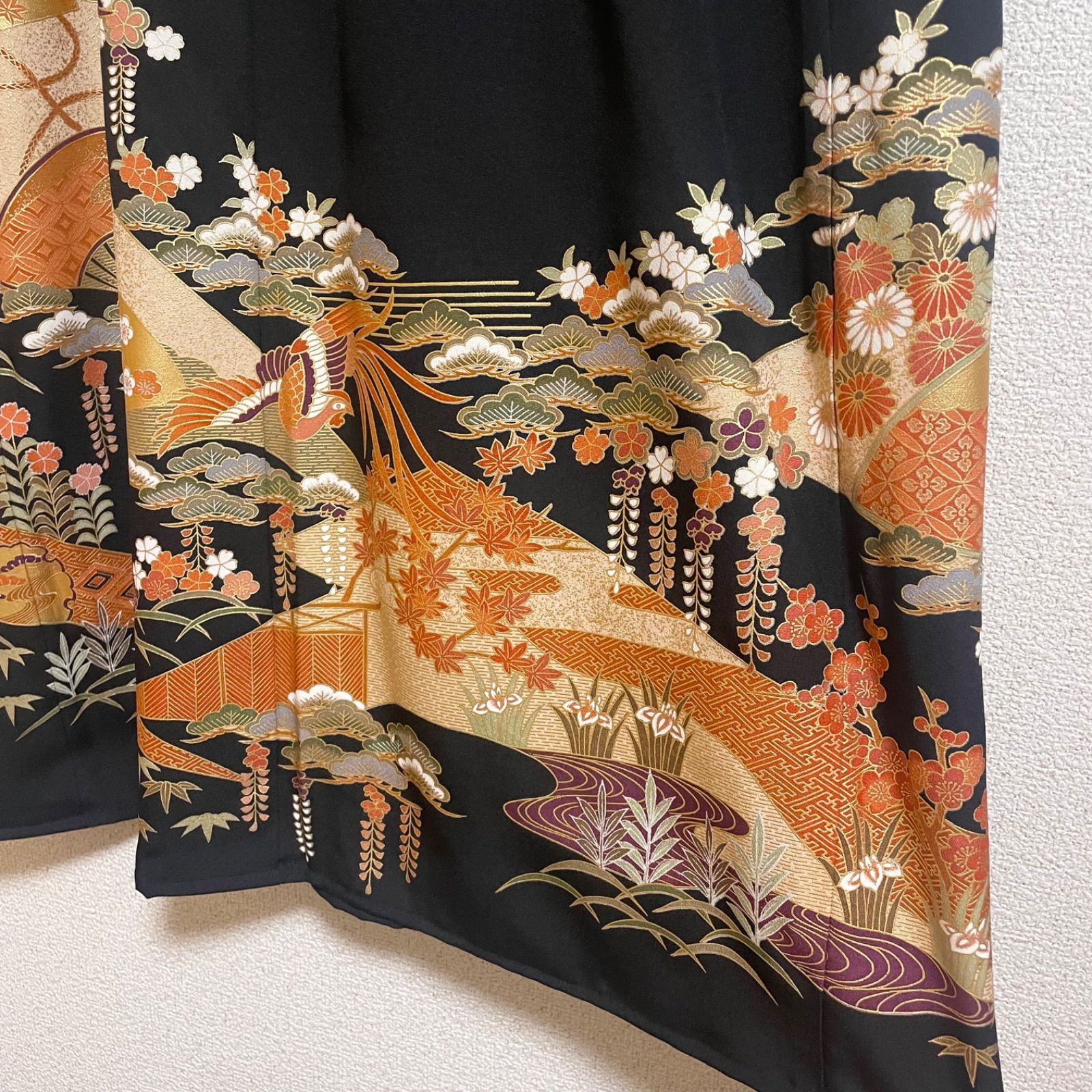一点物 着物リメイク ロングワンピース ドレス 黒留袖 正絹 花鳥文