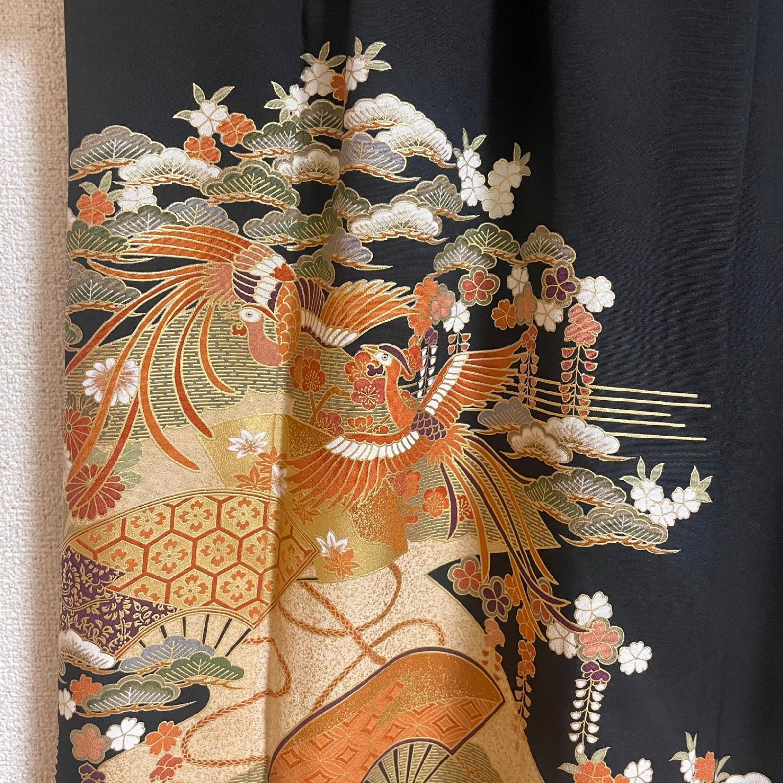 一点物 着物リメイク ロングワンピース ドレス 黒留袖 正絹 花鳥文