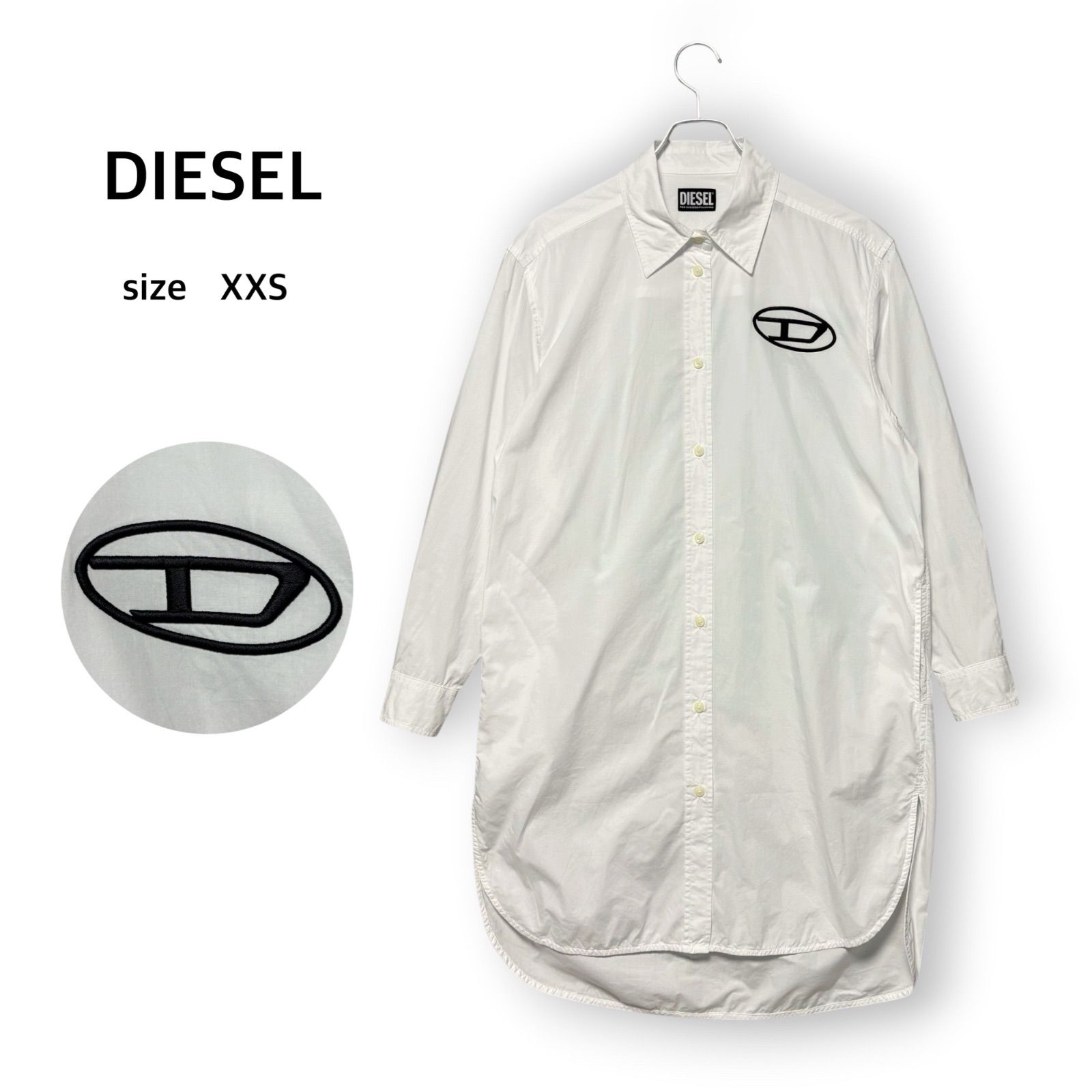 ディーゼル DIESEL コットン100% 綿 シャツワンピース ロングシャツ 長袖 レギュラーカラー ラウンドヘム スリット Dロゴ オーバルロゴ 刺繍 白 ホワイト XXS カジュアル ストリート モード 羽織り 美シルエット 美品