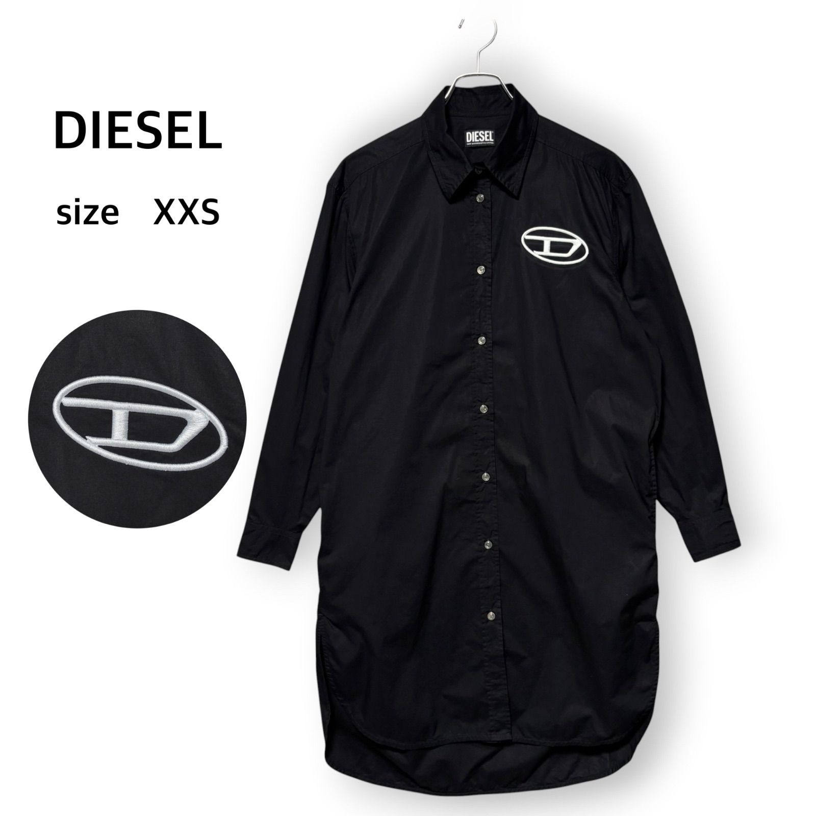 ディーゼル DIESEL 綿100% コットン シャツワンピース ロングシャツ チュニック オーバルD 前開き ロング丈 長袖 ブラック 黒 XXS スタイリッシュ カジュアル ワンポイント ロゴ 刺繍 美品