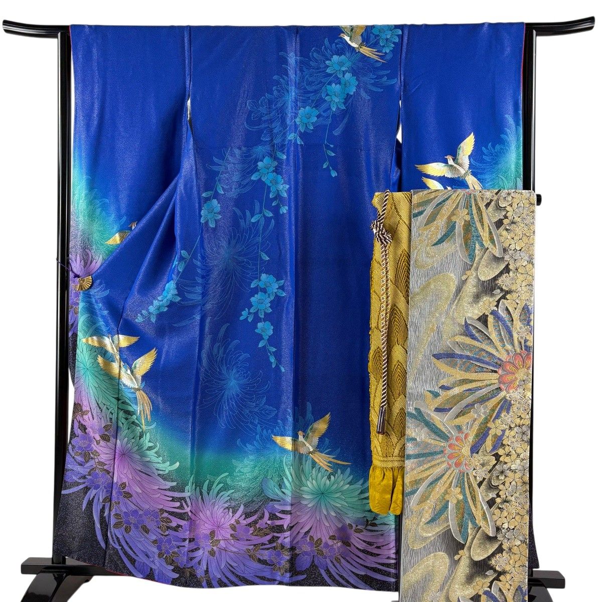 振袖 身丈160.5cm 裄丈63.5cm S 袷 袋帯フルセット 尾長鳥 菊 金銀彩