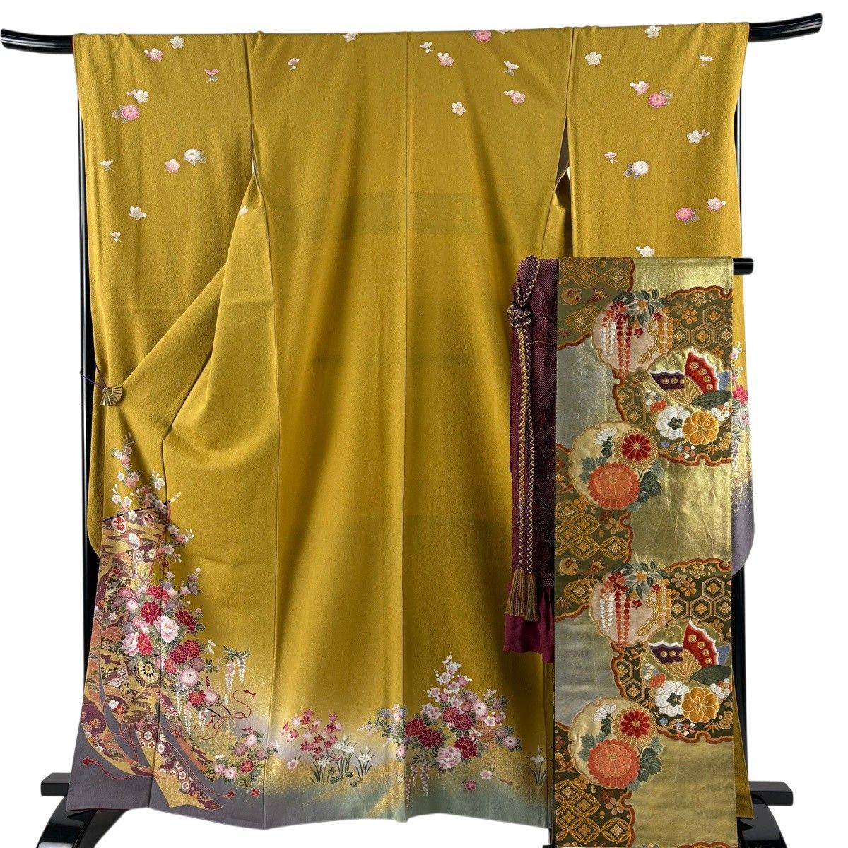 美品】 振袖 身丈162cm 裄丈69cm L 単衣 袋帯フルセット 几帳 花車