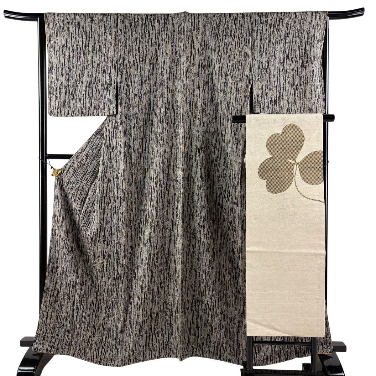 【美品】 小紋 身丈163.5cm 裄丈66cm M 袷 名古屋帯セット 灰茶 正絹 秀品 【中古】
