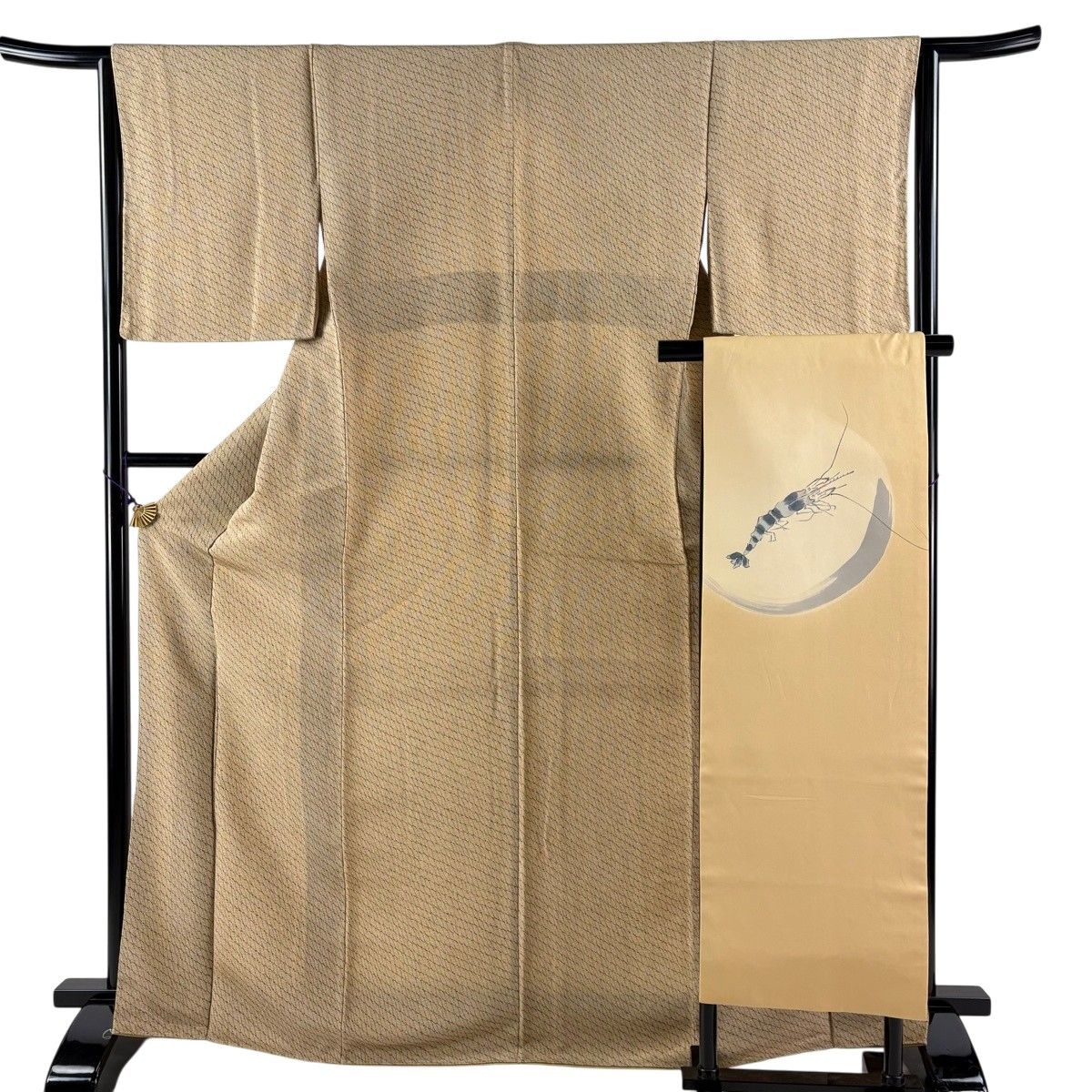 【美品】 小紋 身丈166cm 裄丈64.5cm M 袷 名古屋帯セット 網目 縮緬 薄茶色 正絹 秀品 【中古】