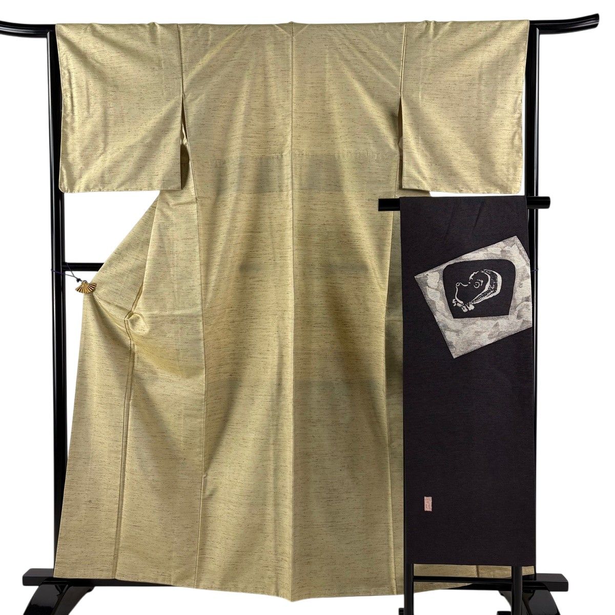 【美品】 紬 身丈161cm 裄丈63.5cm S 袷 名古屋帯セット ベージュ 正絹 名品 【中古】