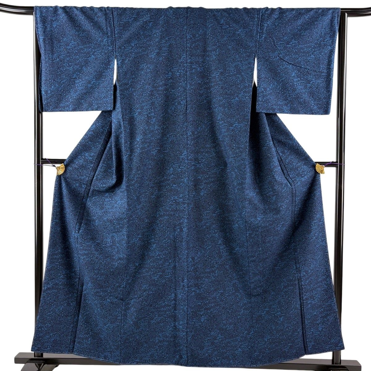 【美品】小紋 身丈158cm 裄丈65cm M 袷 紬地 証紙あり 草花 笹 紺色 正絹 秀品 【中古】