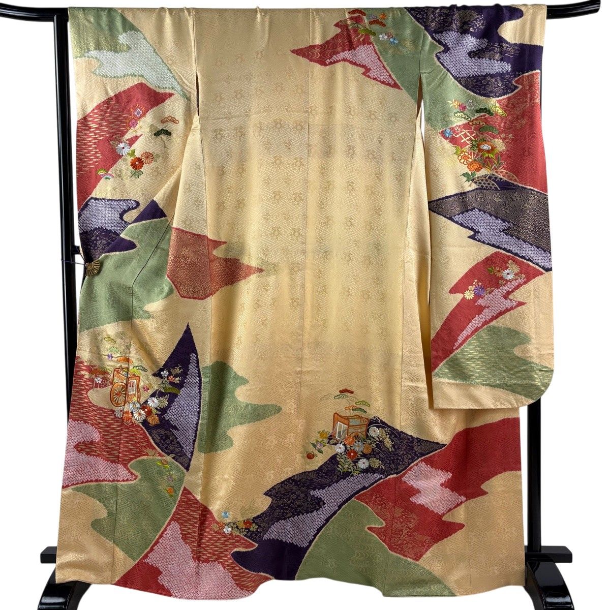 振袖 身丈165.5cm 裄丈66cm M 袷 御所車 菊 刺繍 絞り 薄オレンジ 正絹 秀品 【中古】