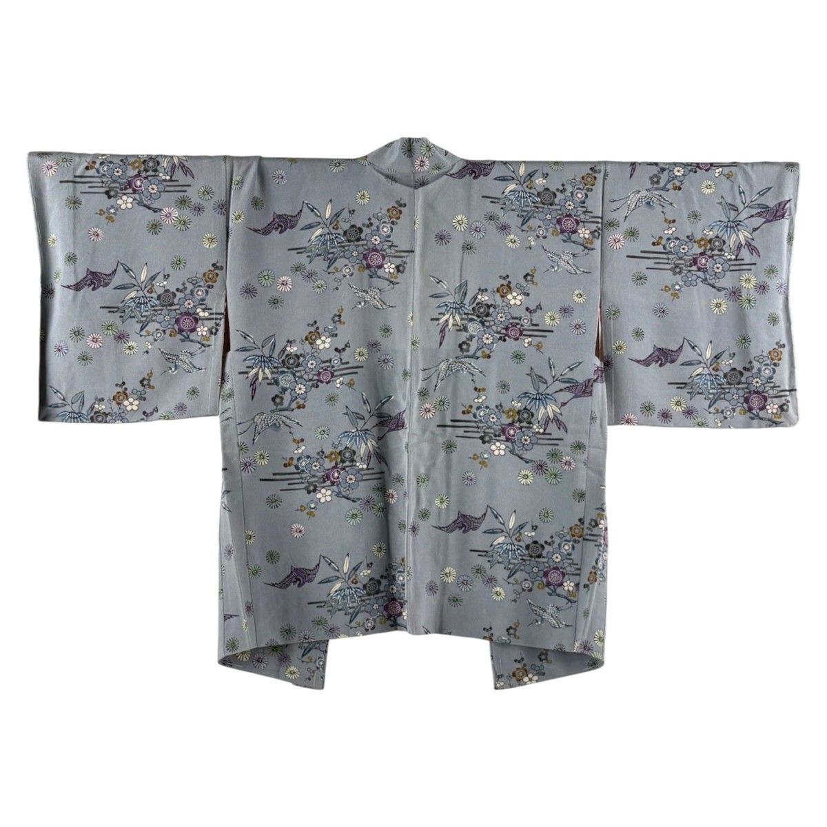 羽織 身丈84cm 裄丈66cm M 鳥 松竹梅 縮緬 灰色 正絹 秀品 【中古】