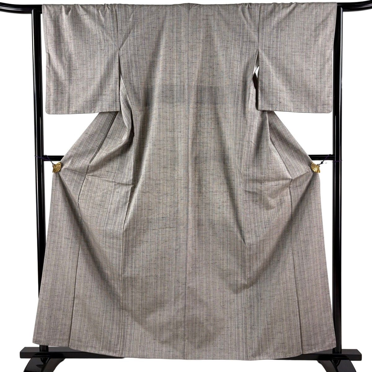 【美品】 紬 身丈159.5cm 裄丈63cm S 袷 縞 灰色 正絹 秀品 【中古】