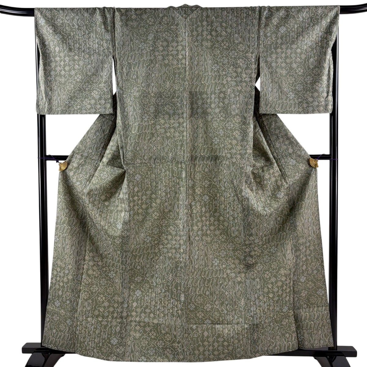 【美品】 大島紬 身丈162cm 裄丈68cm L 単衣 証紙 幾何学模様 花柄 灰緑 正絹 秀品 【中古】