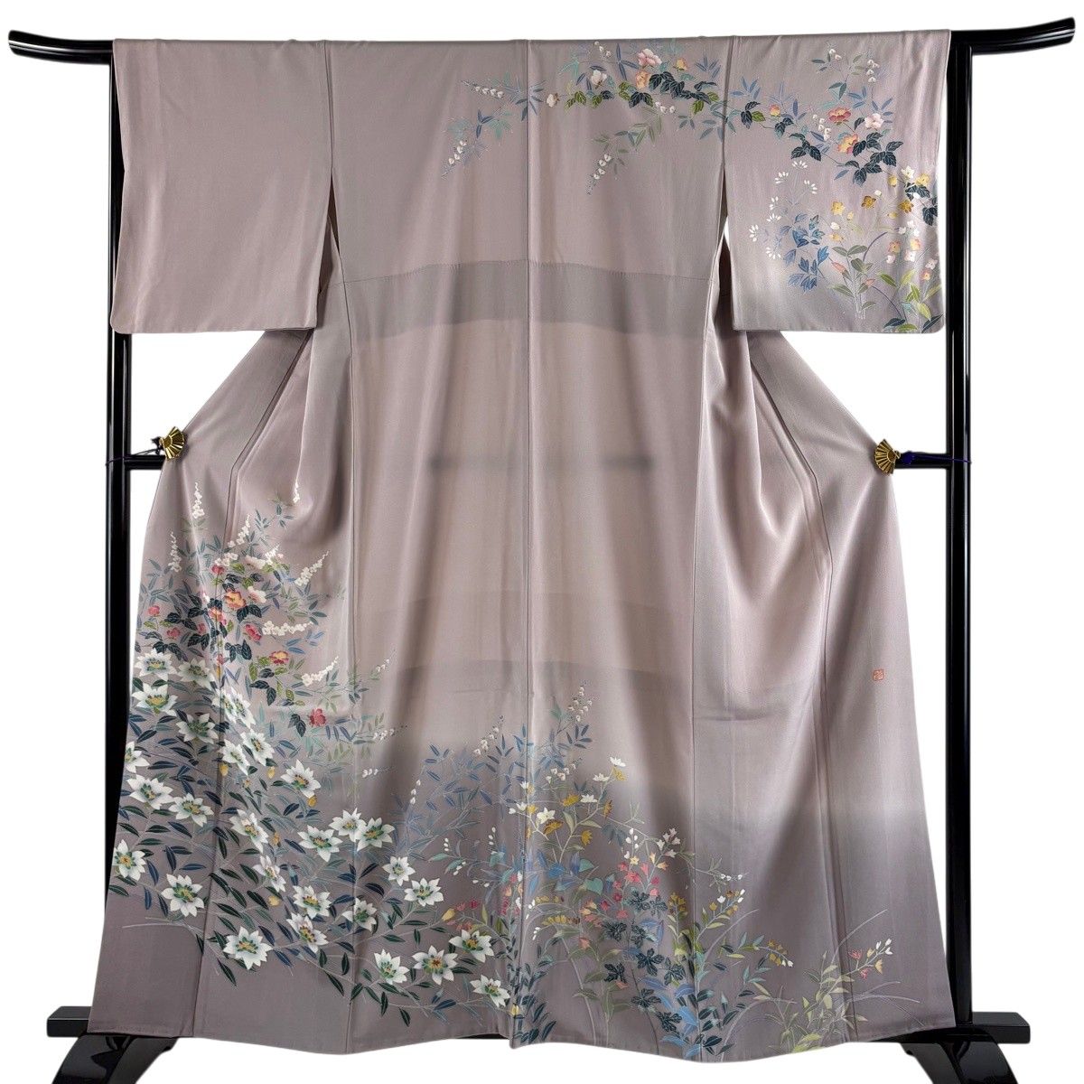 【美品】 訪問着 身丈159cm 裄丈64cm M 袷 落款 枝花 ぼかし 灰紫 正絹 秀品 【中古】