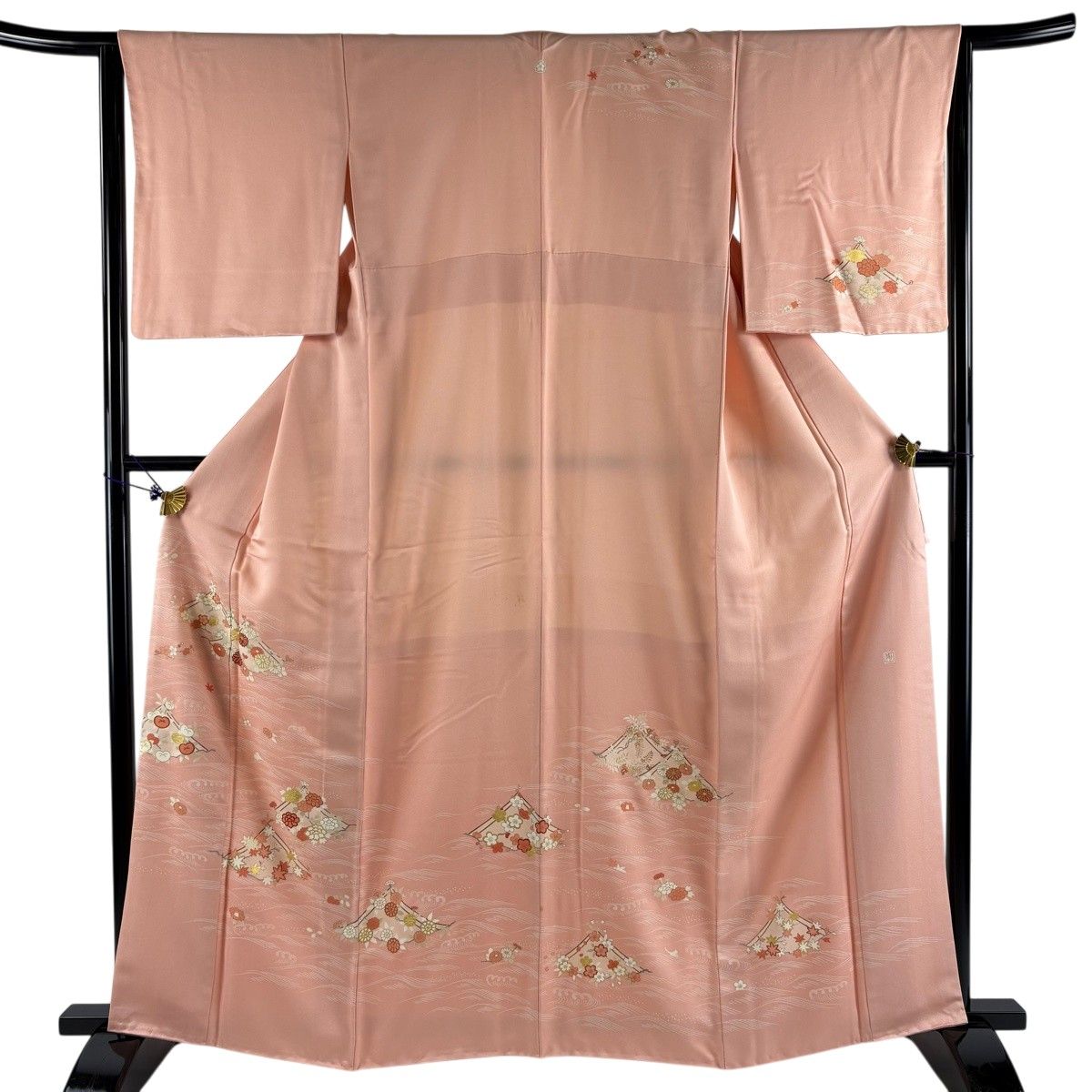訪問着 身丈162cm 裄丈65cm M 袷 落款 草花 波 金彩 ピンク 正絹 秀品 一つ紋 【中古】
