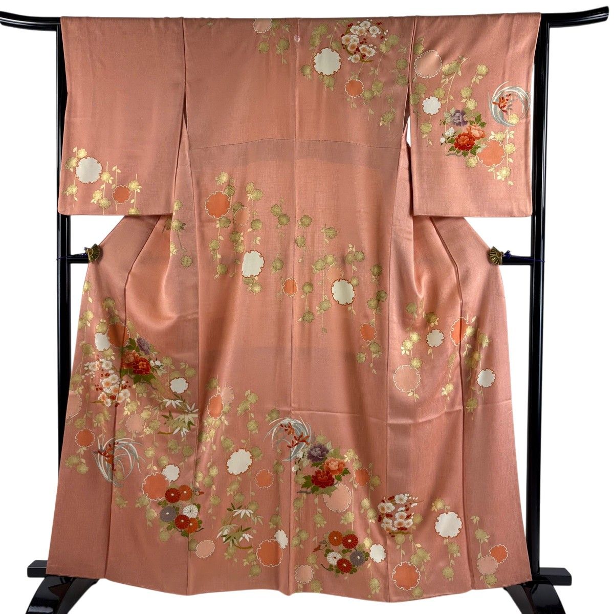 訪問着 身丈162cm 裄丈66cm M 袷 花丸文 枝垂れ桜 金糸 金彩 サーモンピンク 正絹 秀品 一つ紋 【中古】