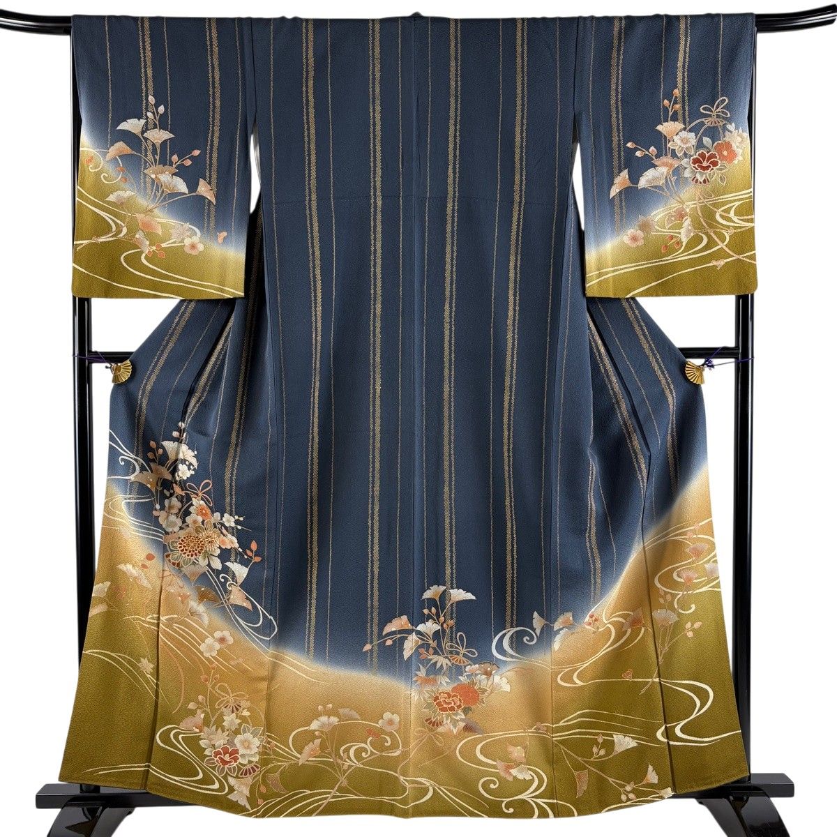 訪問着 身丈161cm 裄丈67.5cm L 袷 草花 流水 金糸 金彩 青灰色 正絹 秀品 【中古】