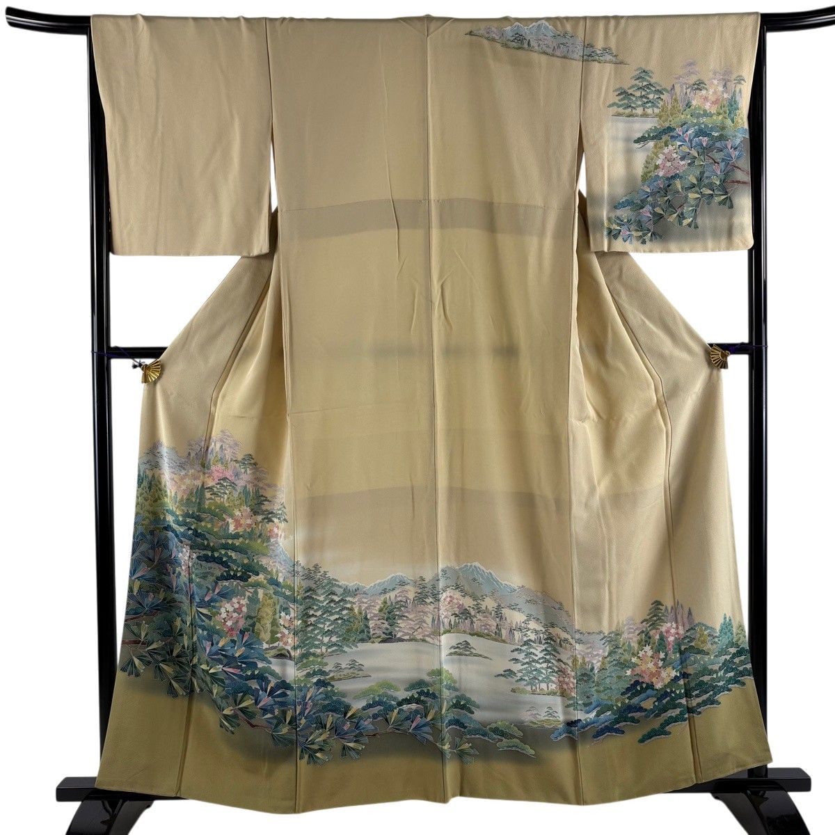 訪問着 身丈158cm 裄丈66cm M 袷 風景 松 ぼかし ベージュ 正絹 秀品 【中古】