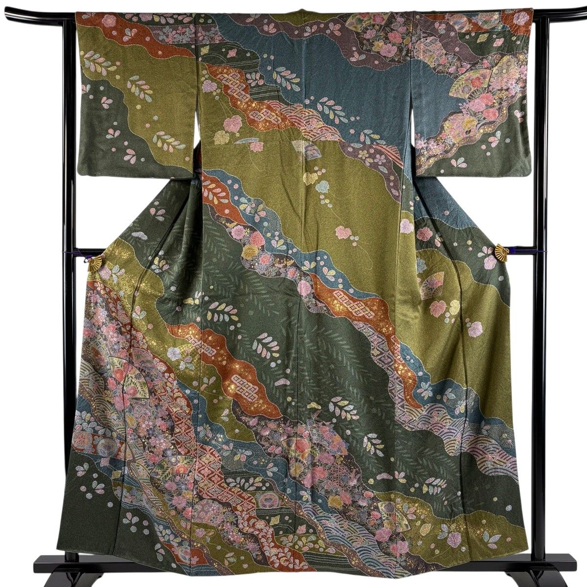 訪問着 身丈158cm 裄丈62.5cm S 袷 扇 草花 金彩 染め分け 茶緑色 正絹 秀品 【中古】