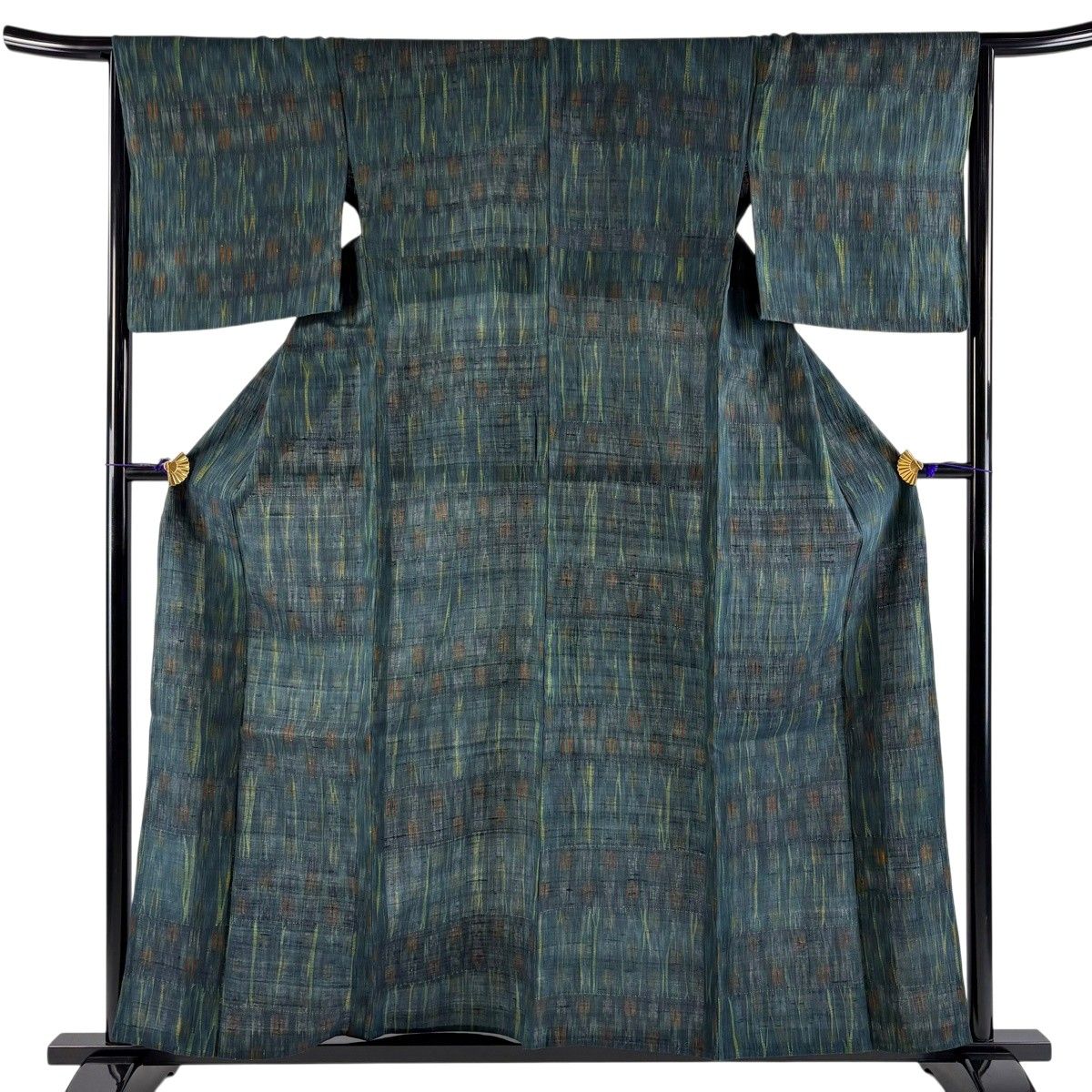 【美品】 小紋 身丈158cm 裄丈65.5cm M 単衣 紬地 幾何学模様 深緑 正絹 秀品 【中古】 8,614円