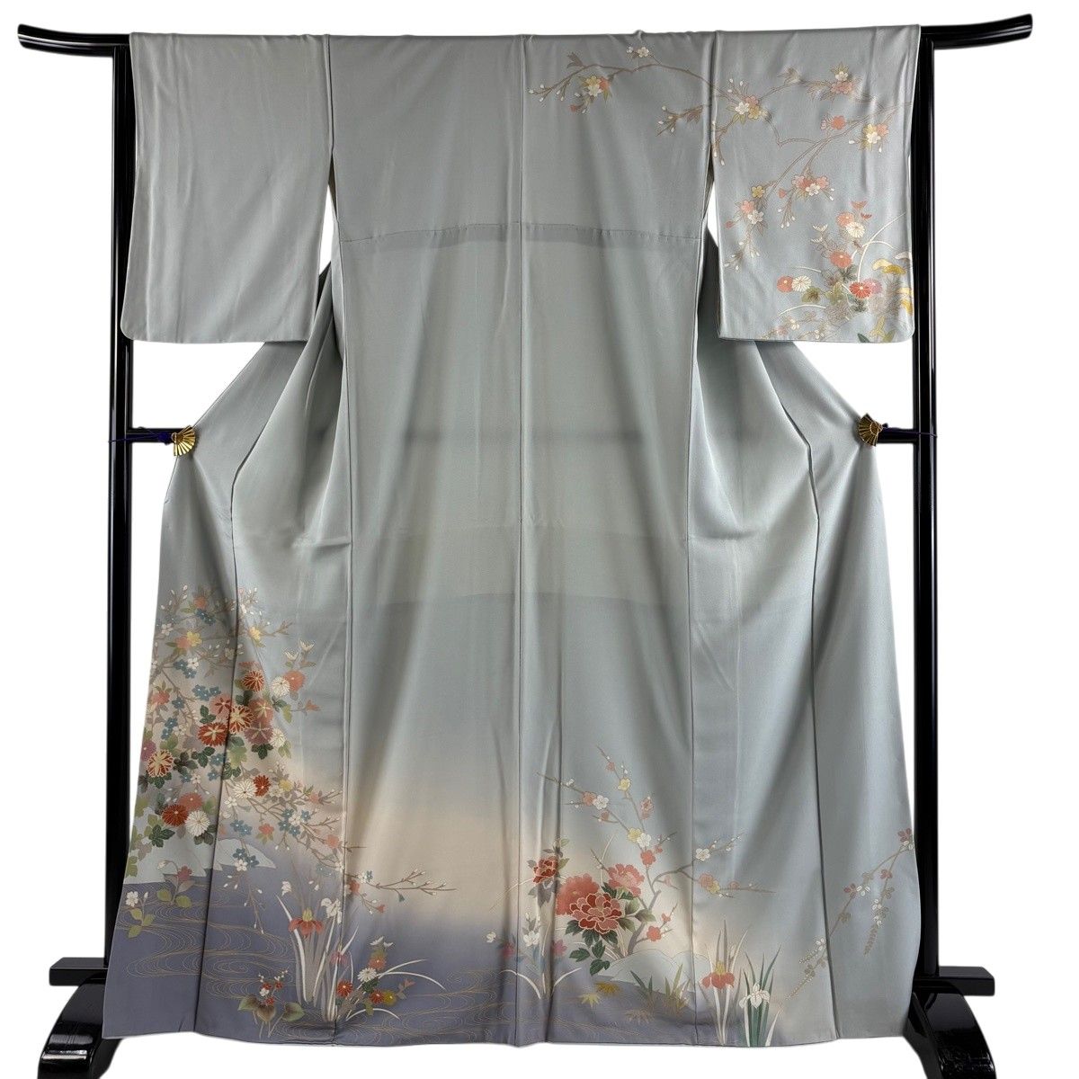 訪問着 身丈168cm 裄丈64cm M 袷 菊 桜 金彩 ぼかし 青灰色 正絹 秀品 【中古】
