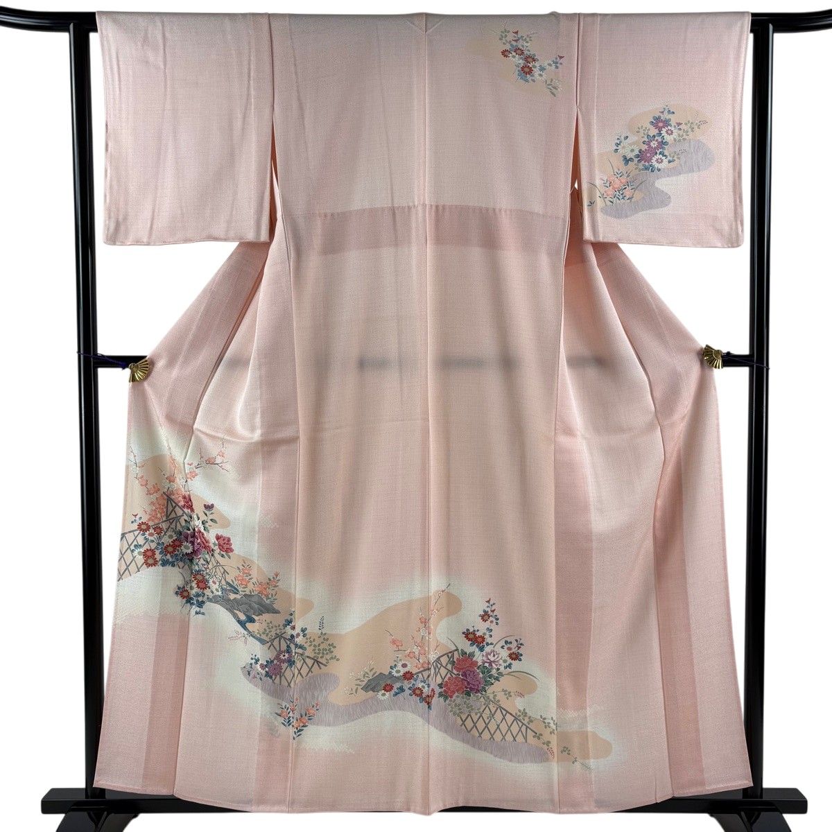 【美品】 付下げ 身丈158cm 裄丈62cm S 単衣 霞 草花 ピンク 正絹 秀品 【中古】