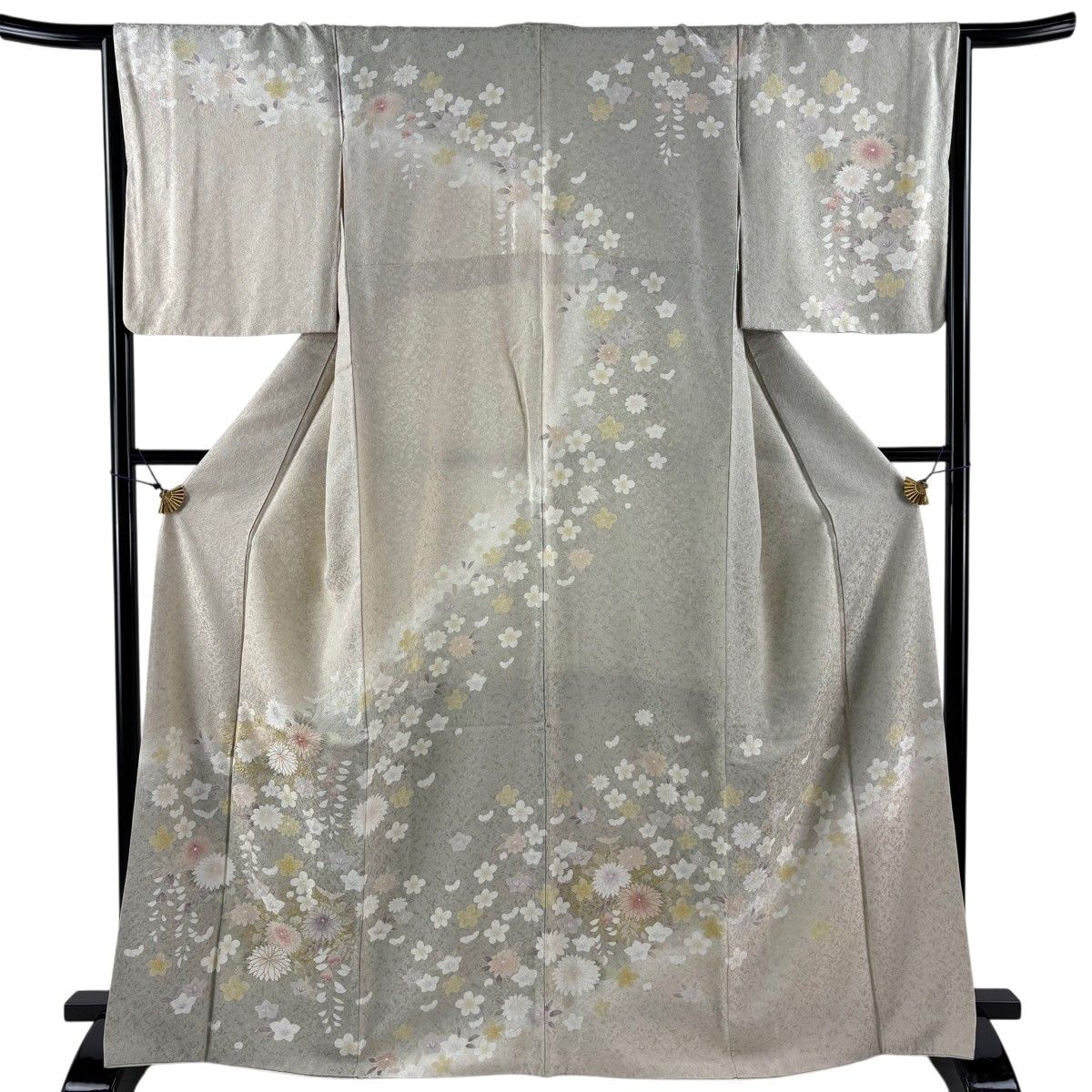 訪問着 身丈166cm 裄丈65.5cm M 袷 菊 梅 金彩 銀通し ベージュ 正絹 秀品 【中古】