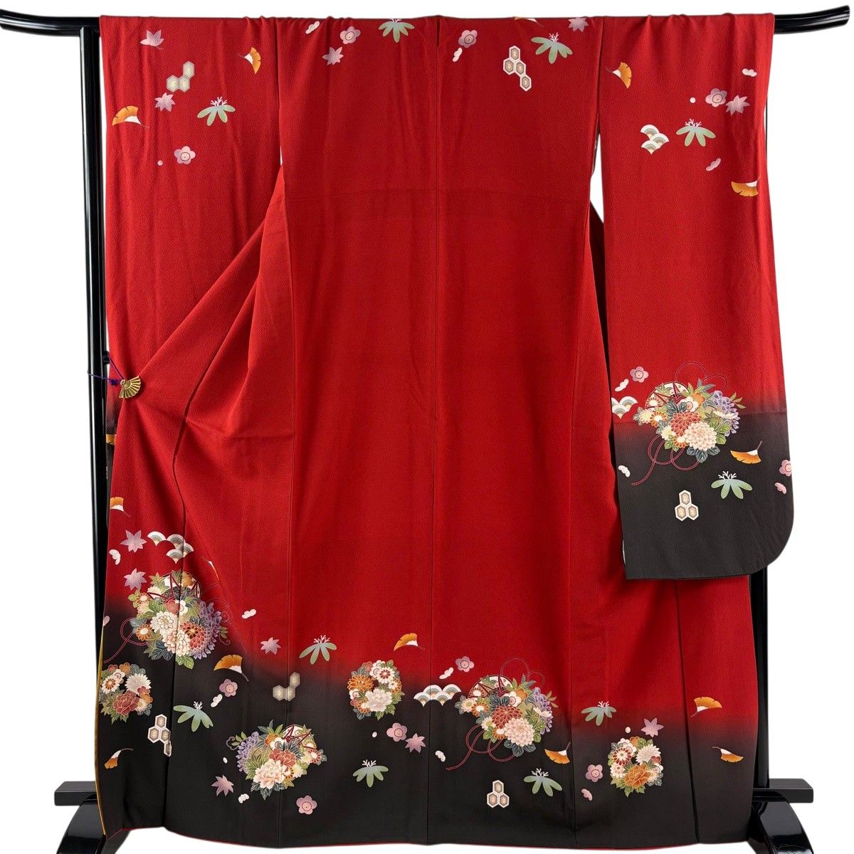 【美品】 振袖 身丈168cm 裄丈65.5cm M 袷 鼓 花丸文 金糸 金彩 赤 正絹 秀品 【中古】