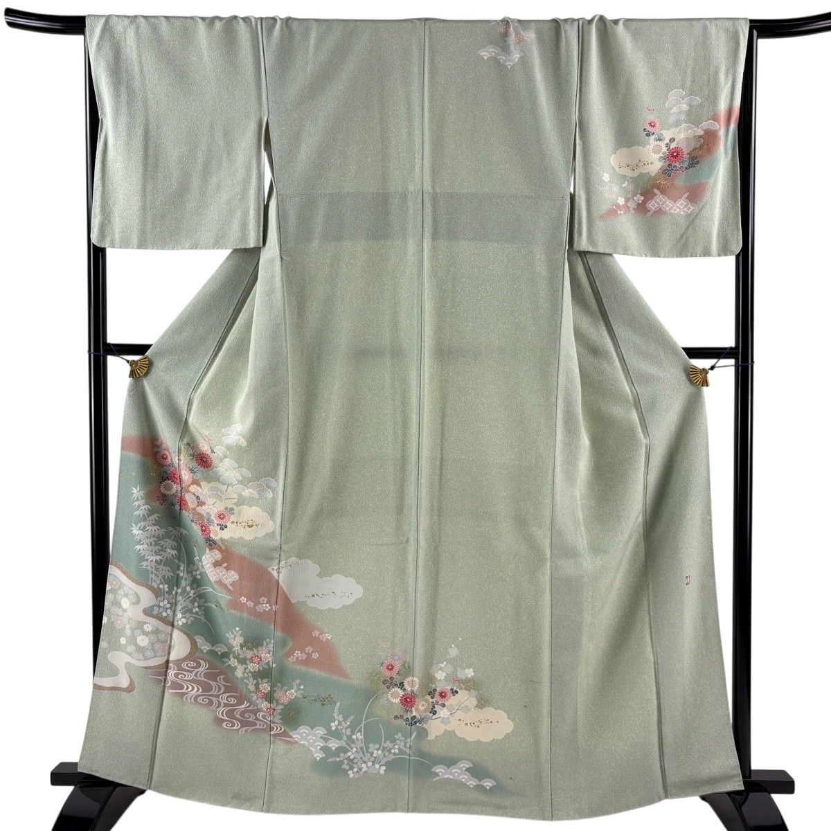 訪問着 身丈161cm 裄丈68cm L 袷 落款 菊 松竹梅 金銀彩 ぼかし 薄緑 正絹 秀品 【中古】