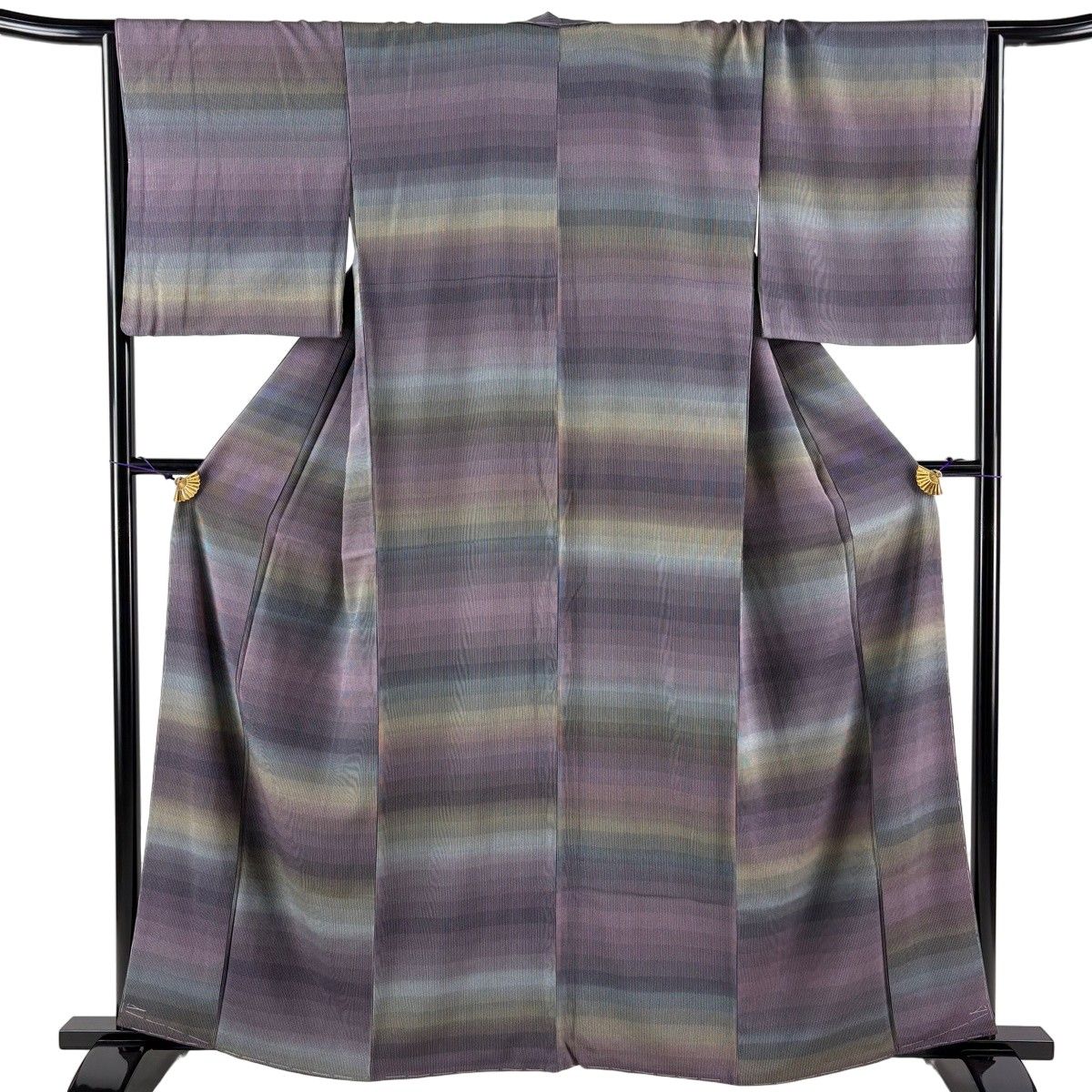 【美品】 小紋 身丈160cm 裄丈65.5cm M 袷 縞 茶紫 正絹 秀品 【中古】