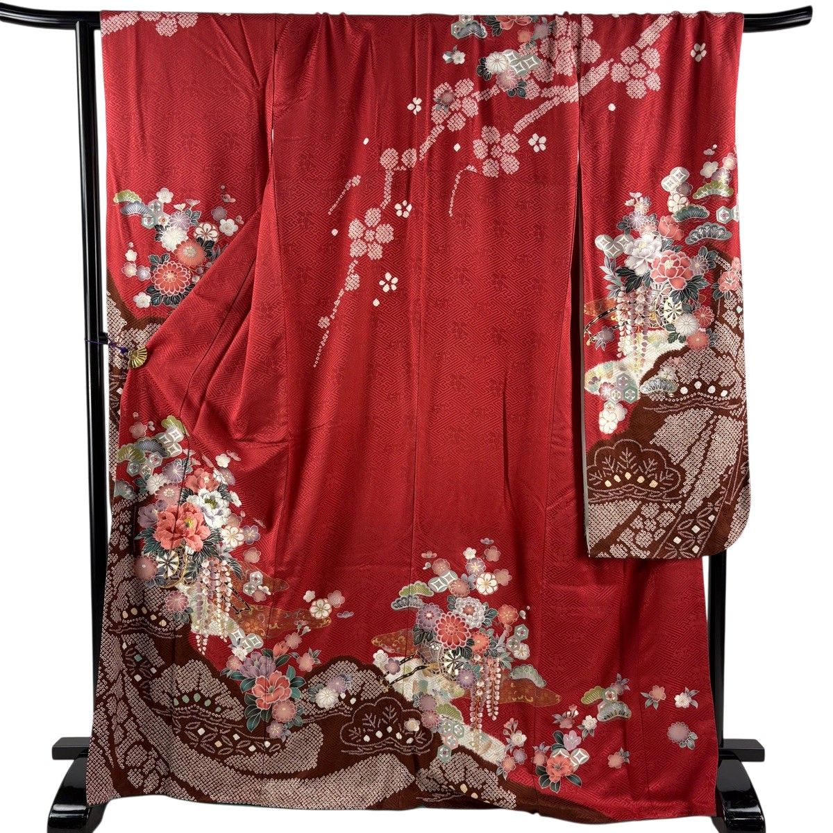 振袖 身丈168.5cm 裄丈70cm L 袷 花車 松 絞り 刺繍 赤 正絹 秀品 【中古】
