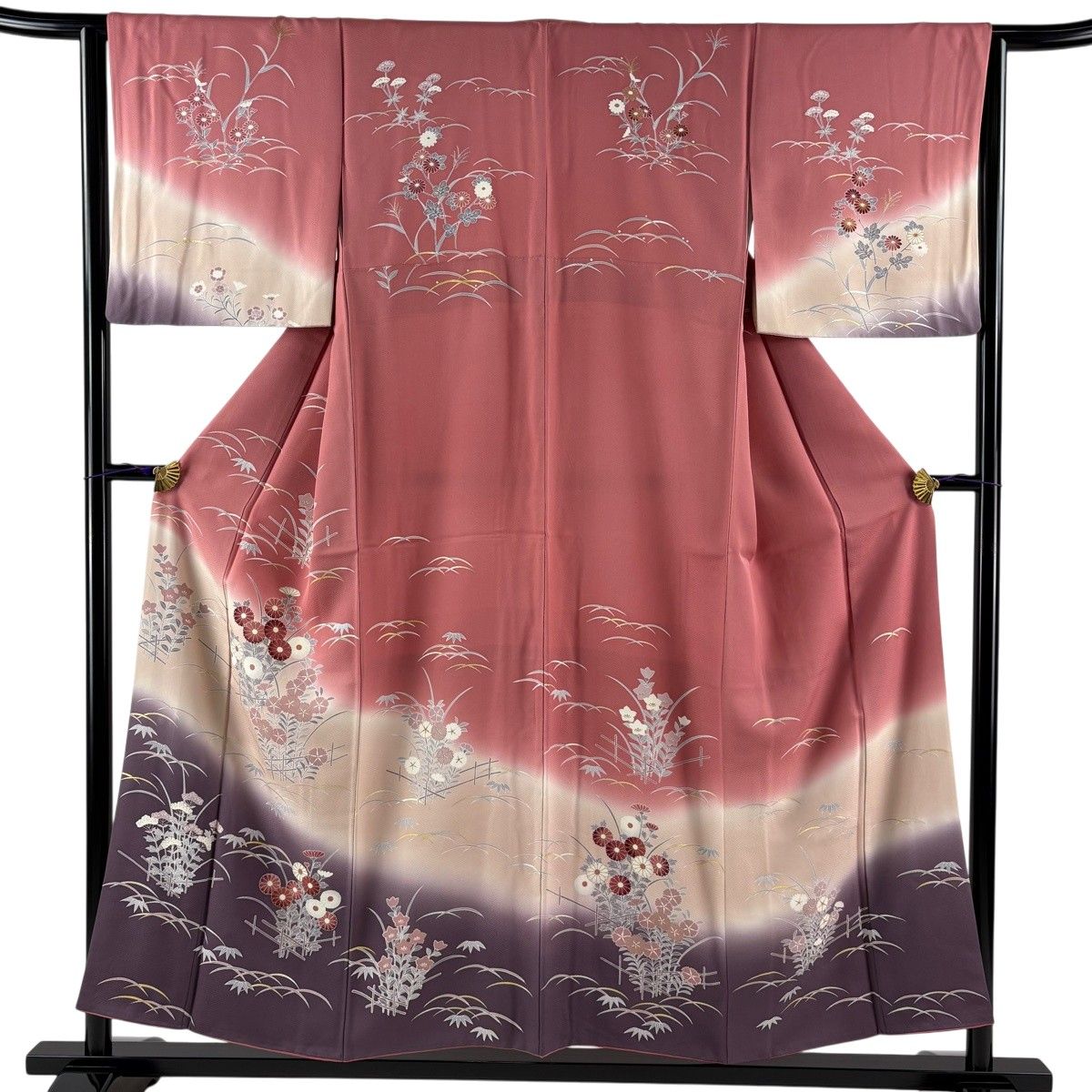 訪問着 身丈154.5cm 裄丈64cm M 袷 秋草 芝 金銀彩 ぼかし ピンク 正絹 秀品 【中古】