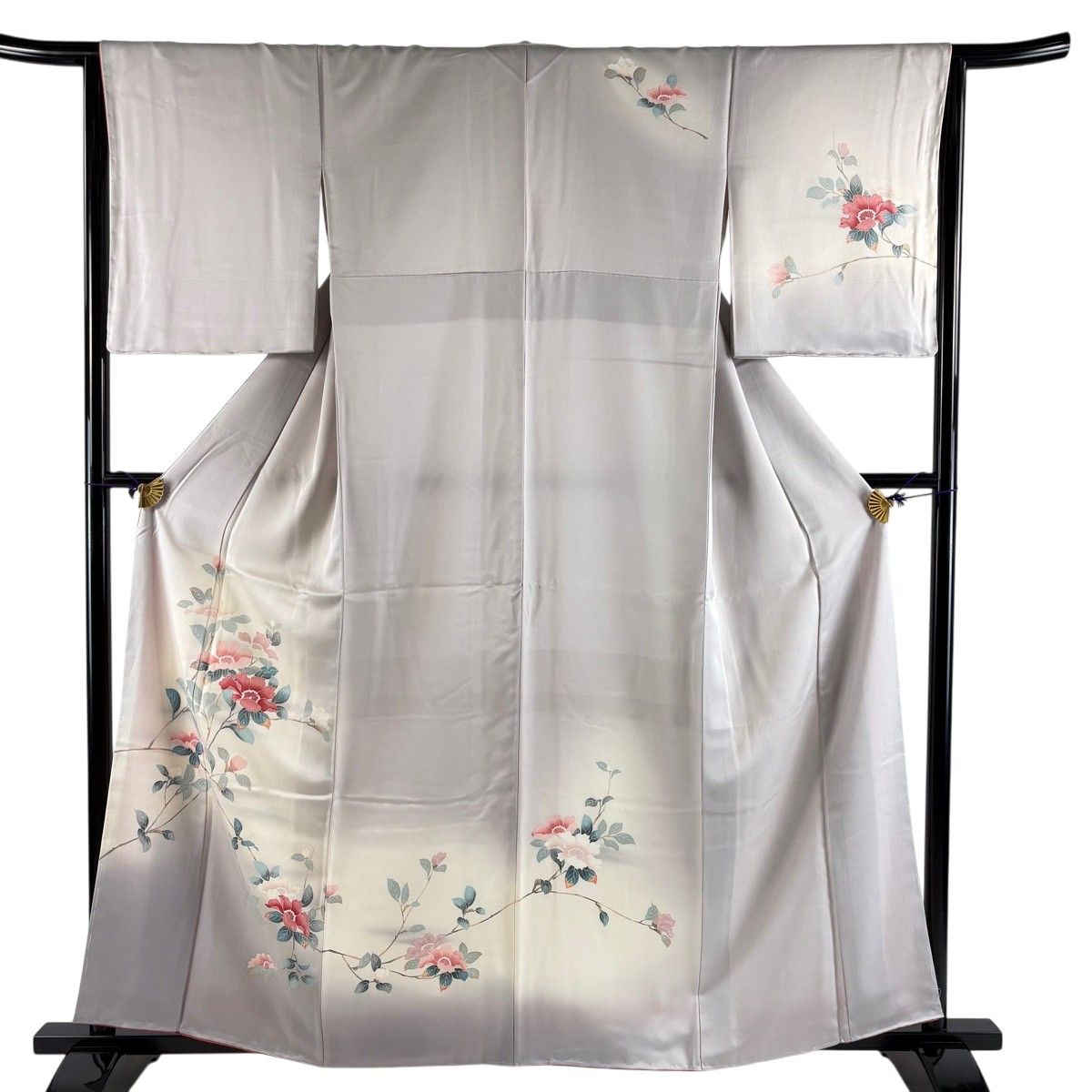 訪問着 身丈158.5cm 裄丈64cm M 袷 枝花 霞 ぼかし 灰色 正絹 秀品 【中古】