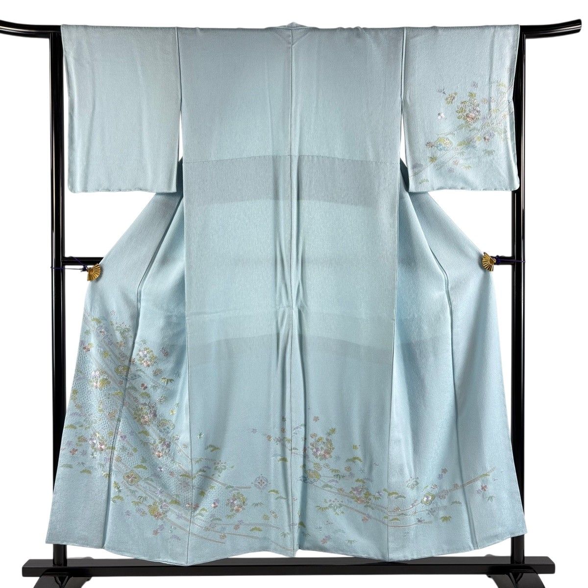 訪問着 身丈153.5cm 裄丈65cm M 袷 松竹梅 草花 金糸 汕頭刺繍 水色 正絹 秀品 【中古】