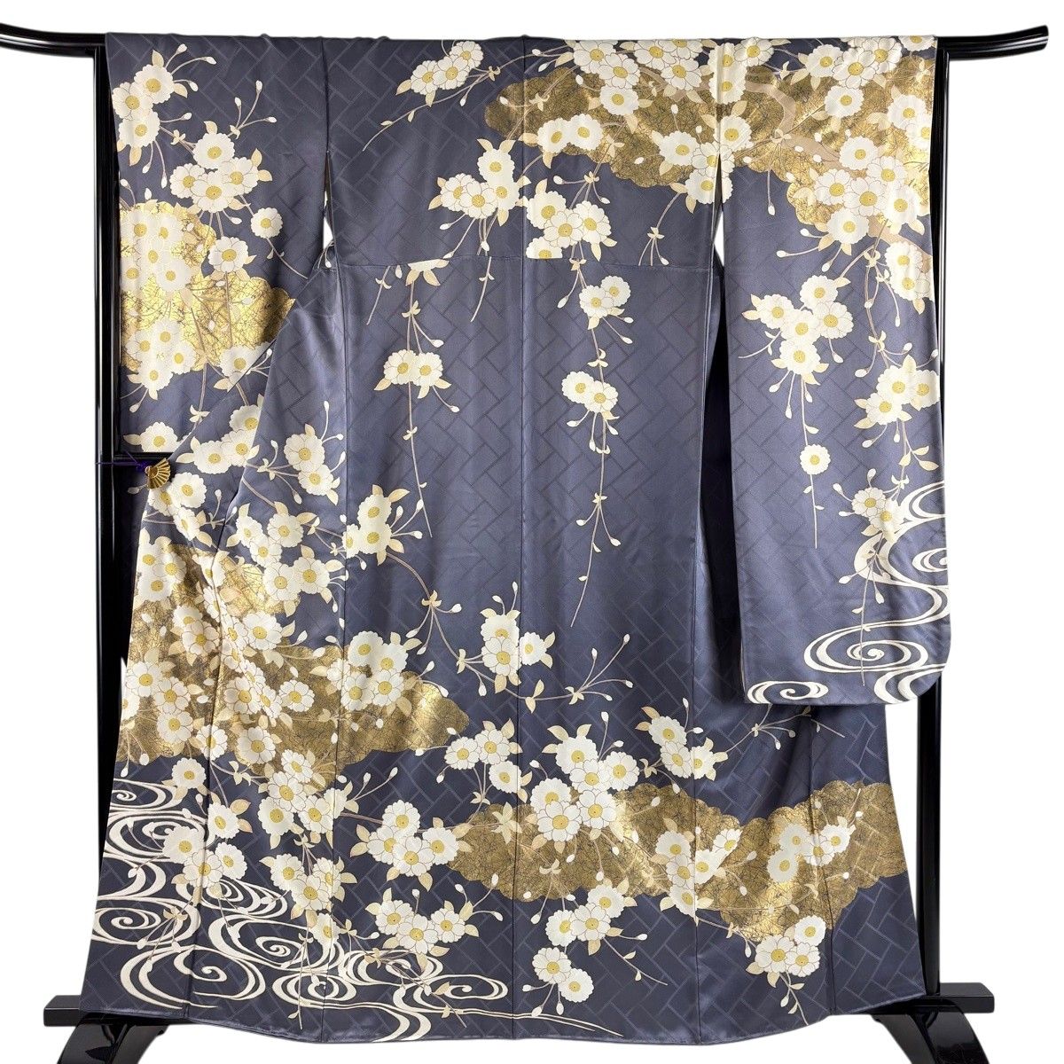 振袖 身丈162cm 裄丈65cm M 袷 桜 流水 金糸 金彩 灰紫 正絹 秀品 【中古】