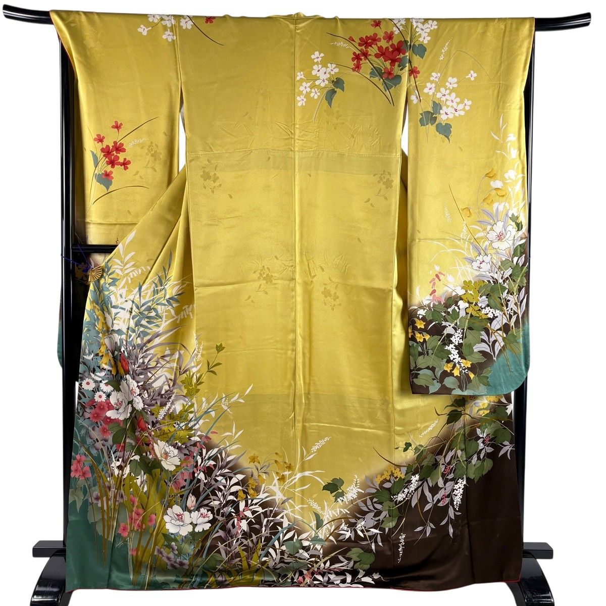 【美品】 振袖 身丈171cm 裄丈68cm L 袷 草花 箔 刺繍 黄色 正絹 秀品 【中古】