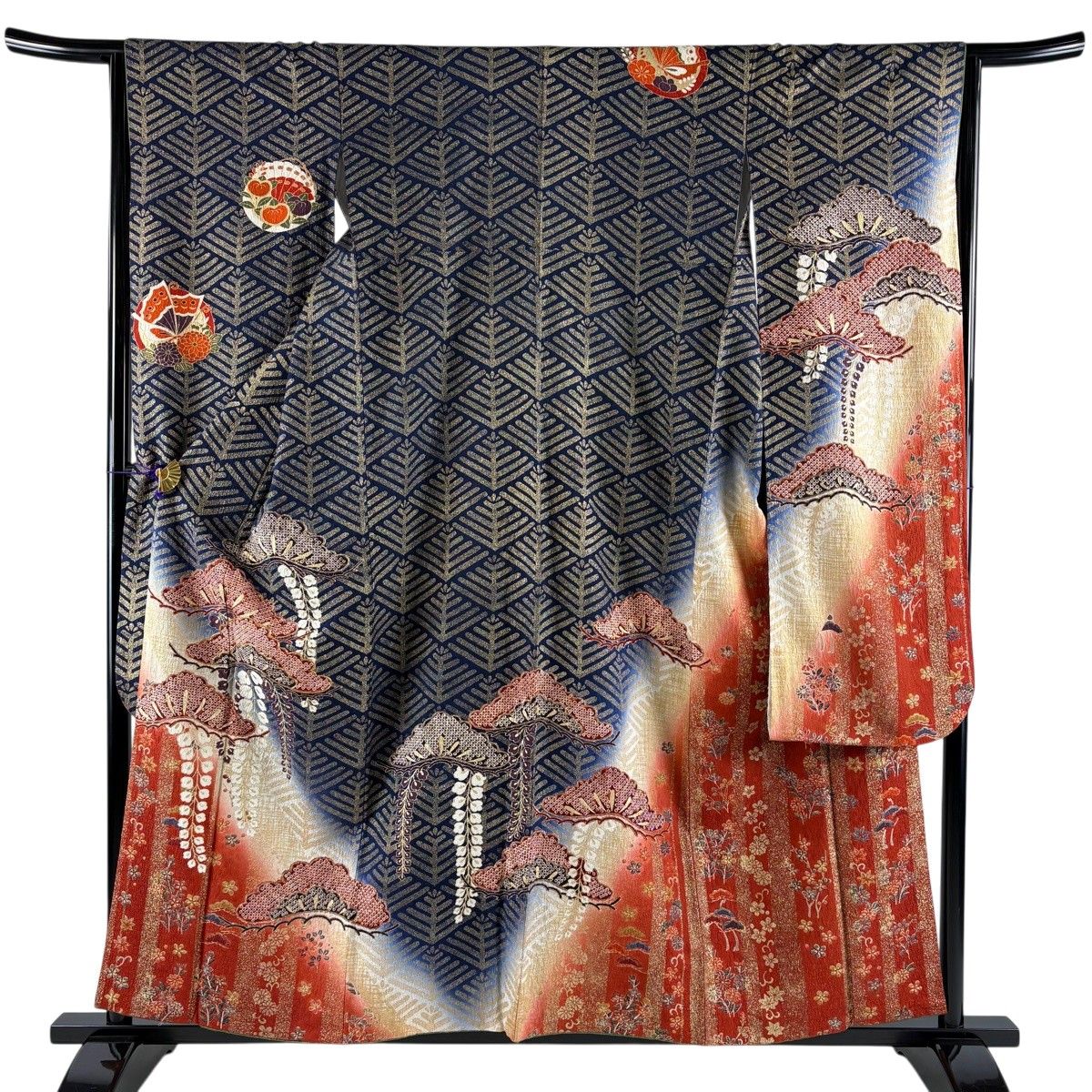 振袖 身丈158cm 裄丈65cm M 袷 笠松 藤 金糸 金彩 紺色 正絹 秀品 【中古】