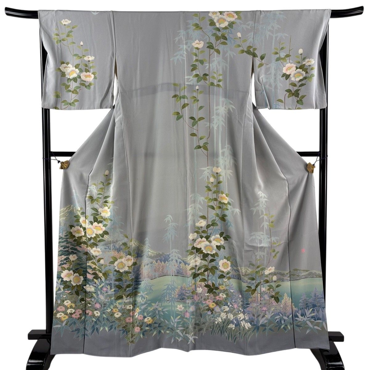 訪問着 身丈159cm 裄丈68cm L 袷 落款 枝花 松竹 ぼかし 青灰色 正絹 秀品 【中古】